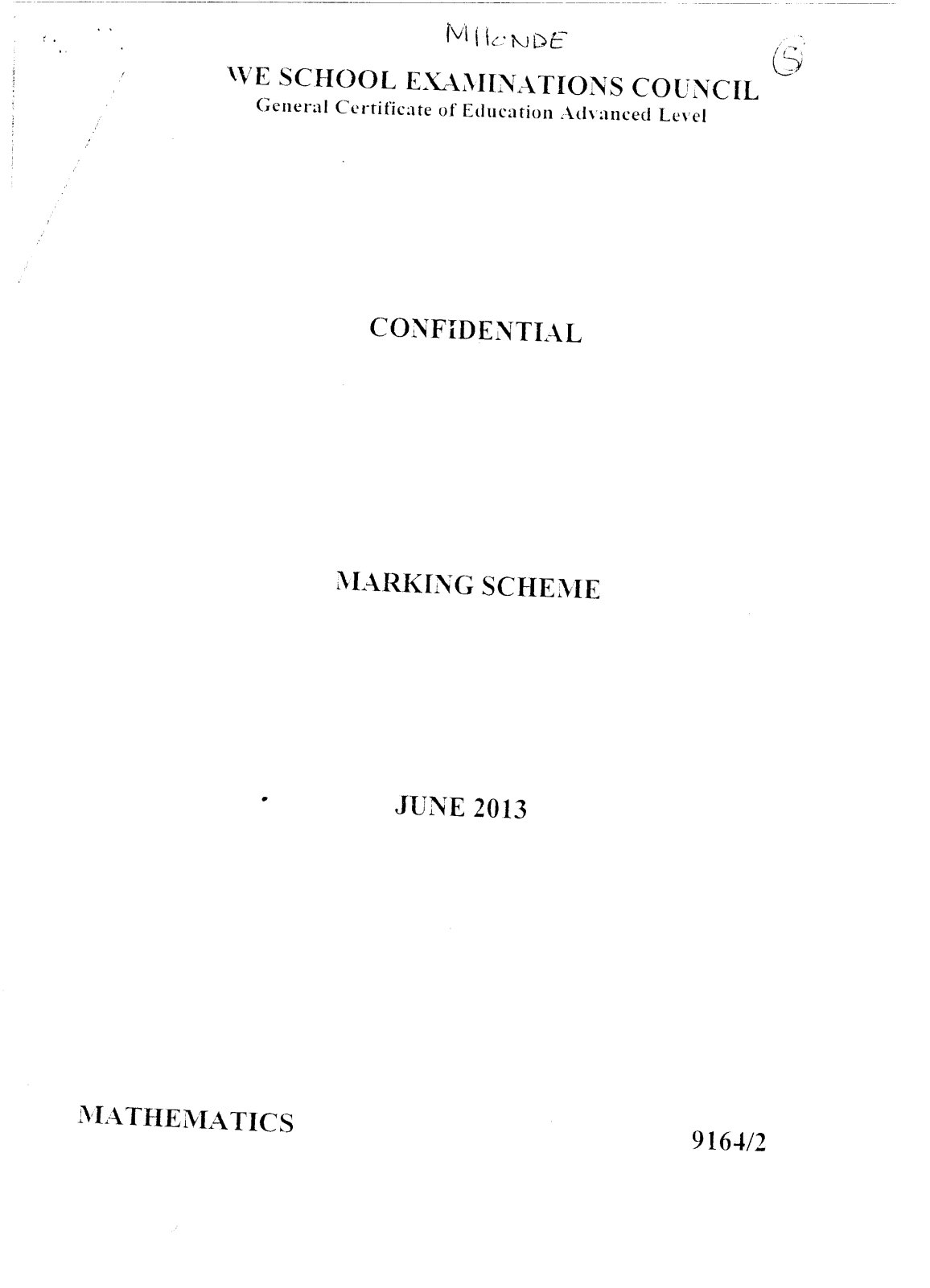 First page of ZIMSEC A-Level Mathematics Paper 2 June 2013 Marking Scheme