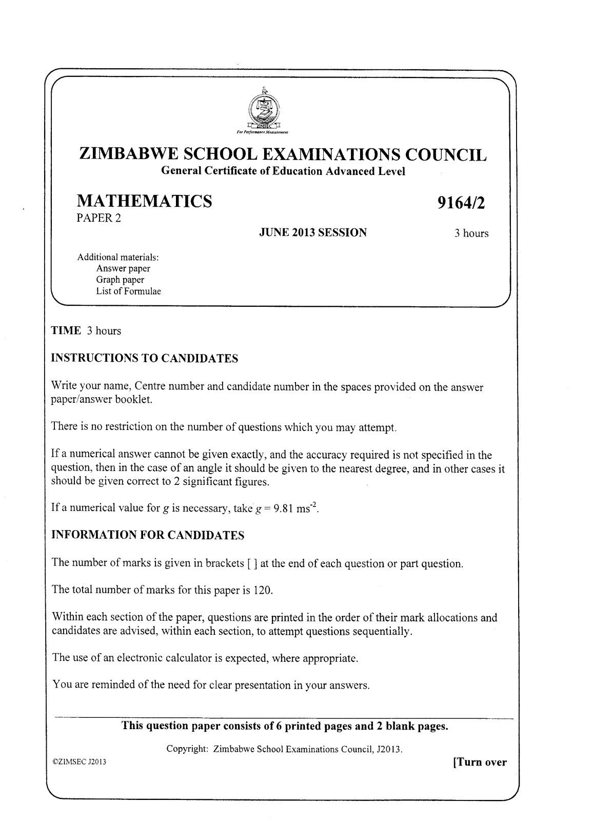 First page of ZIMSEC A-Level Mathematics Paper 2 June 2013 Question Paper