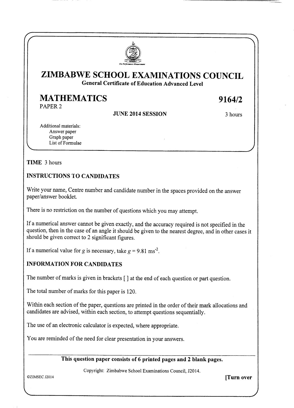 First page of ZIMSEC A-Level Mathematics Paper 2 June 2014 Question Paper