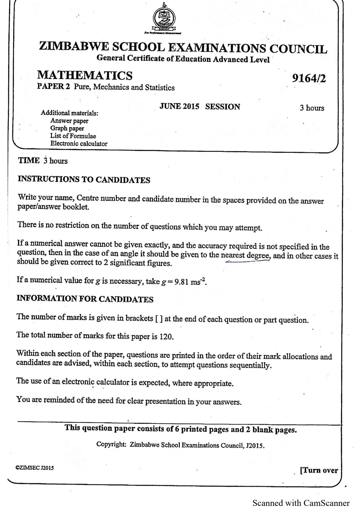 First page of ZIMSEC A-Level Mathematics Paper 2 June 2015 Question Paper
