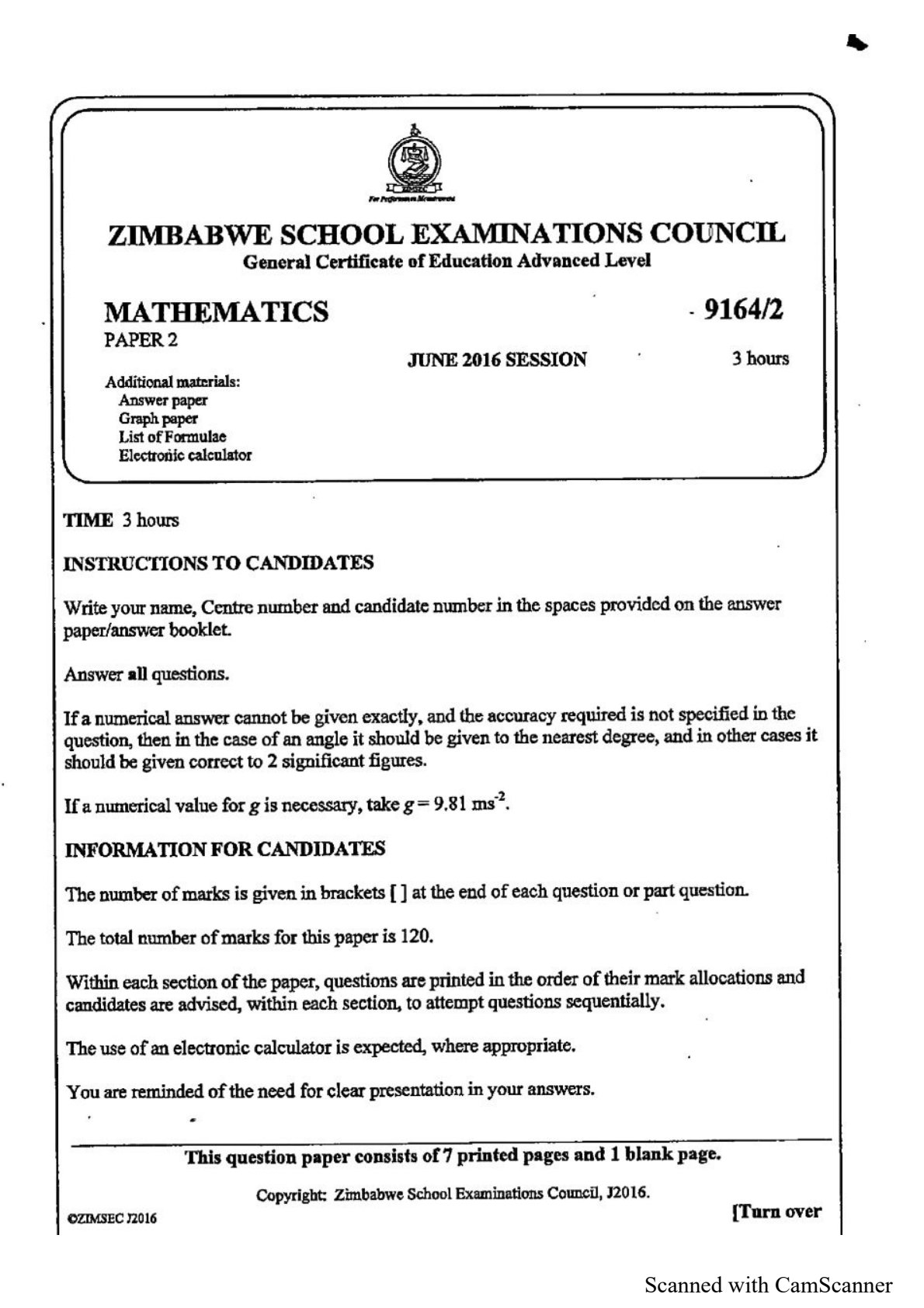 First page of ZIMSEC A-Level Mathematics Paper 2 June 2016 Question Paper