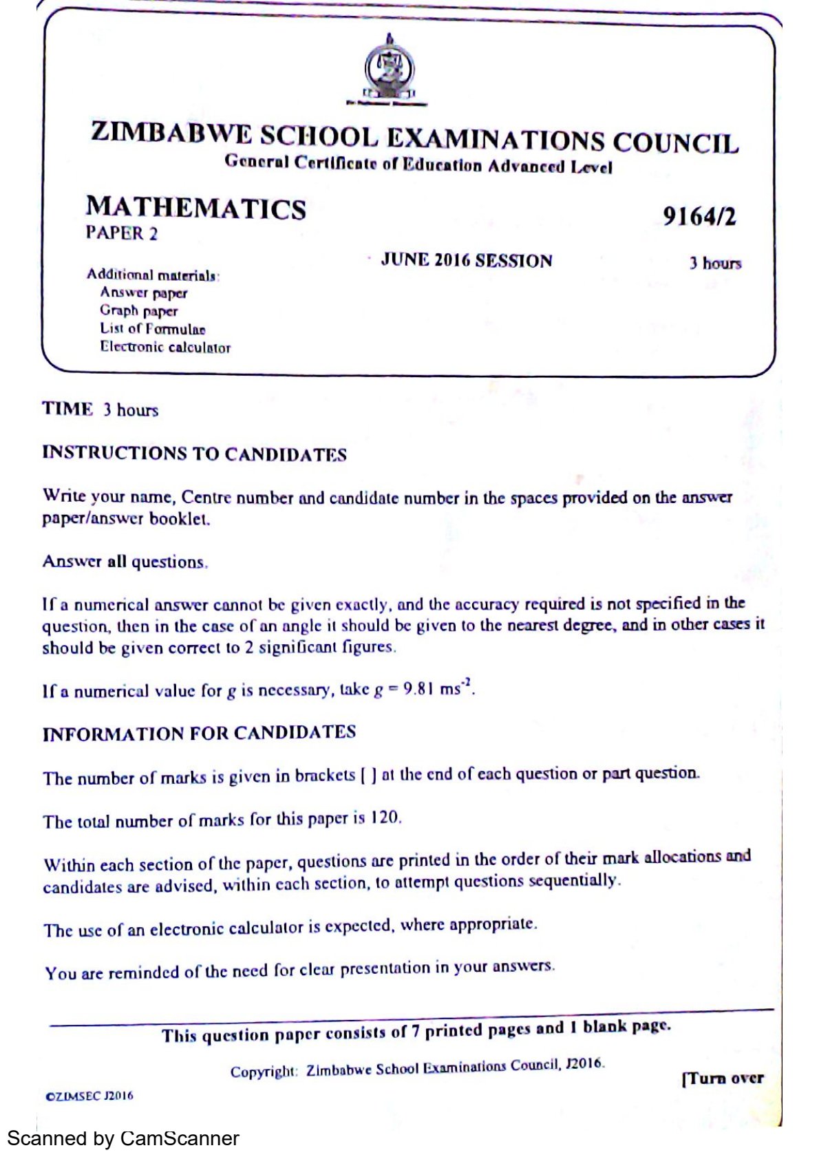 First page of ZIMSEC A-Level Mathematics Paper 2 June 2016 Question Paper