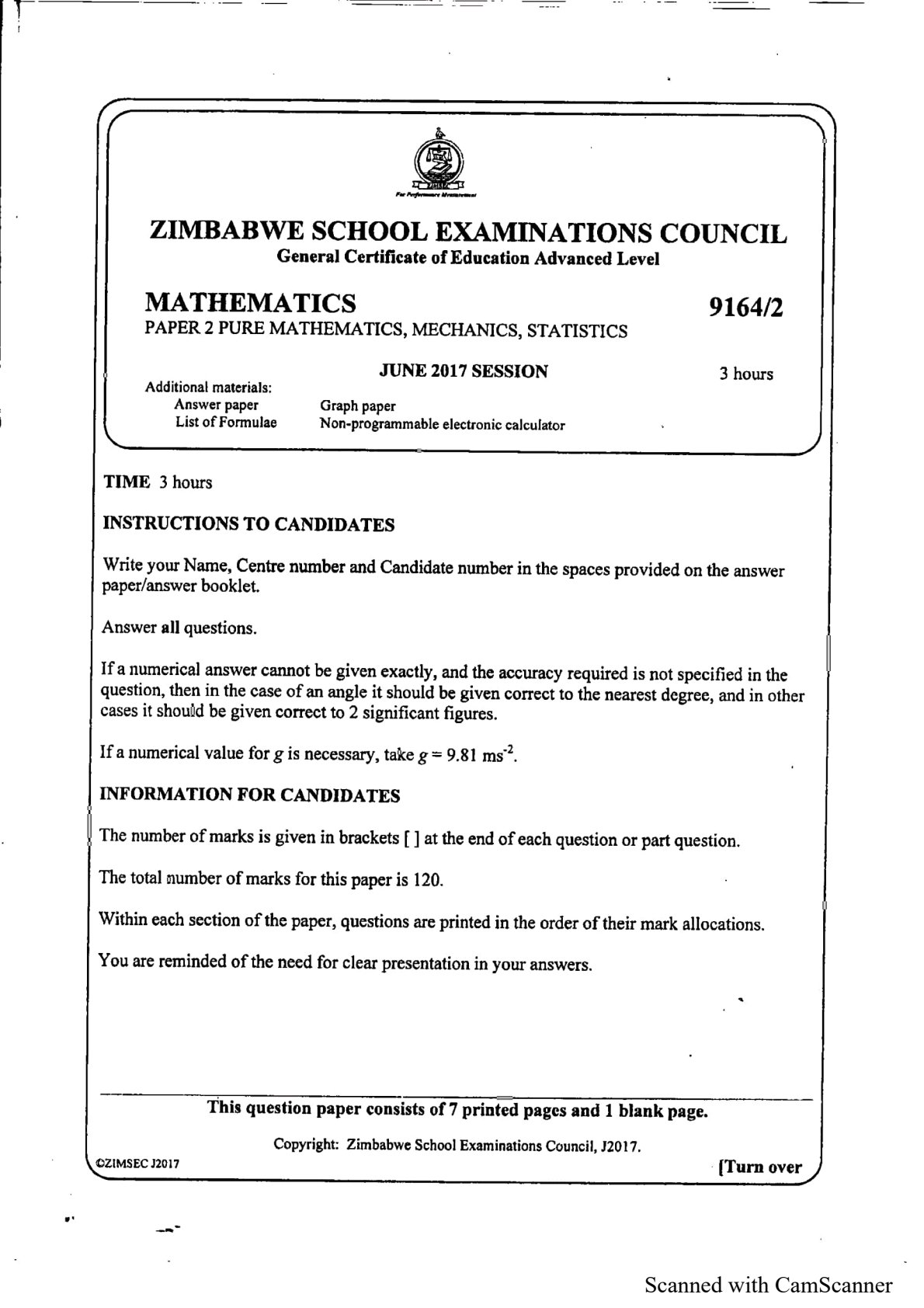 First page of ZIMSEC A-Level Mathematics Paper 2 June 2017 Question Paper