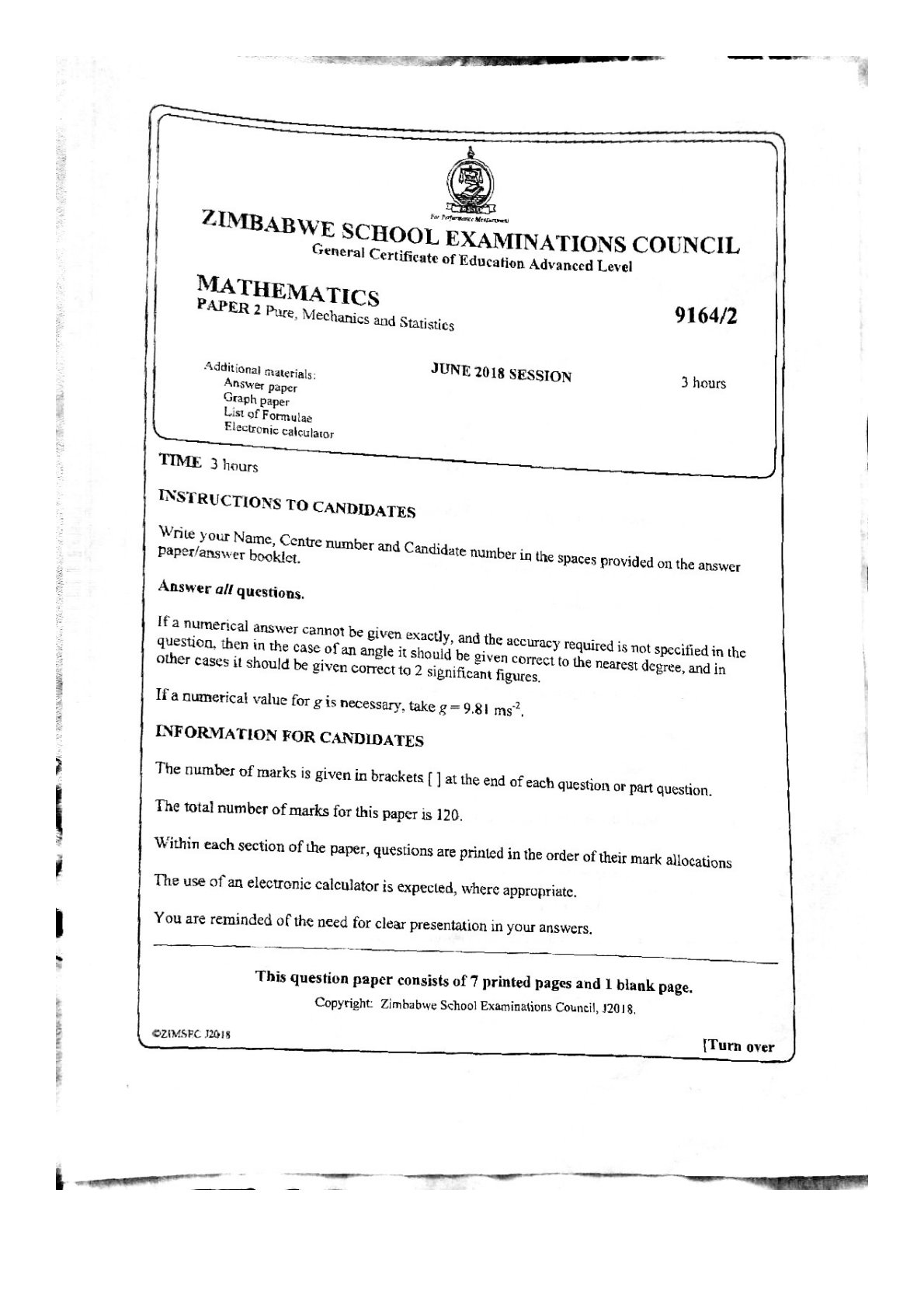 First page of ZIMSEC A-Level Mathematics Paper 2 June 2018 Question Paper