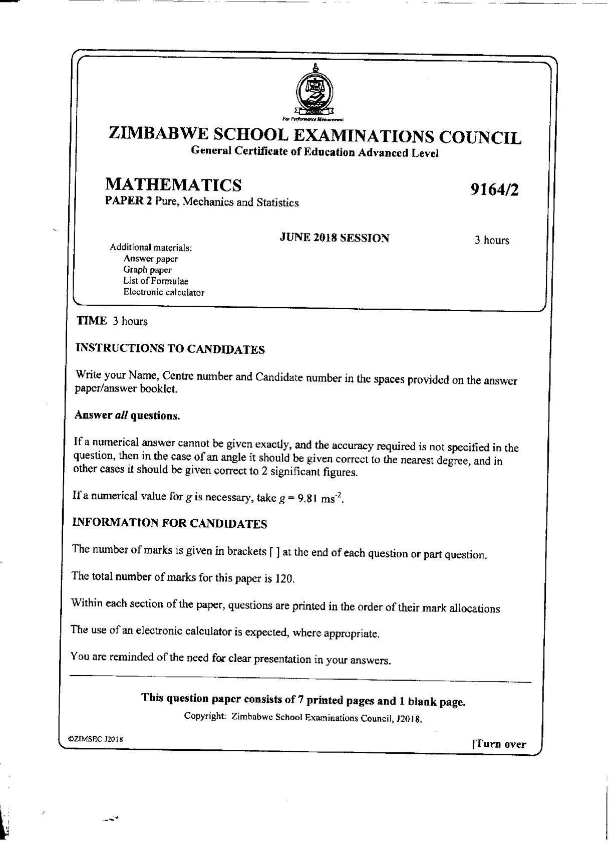 First page of ZIMSEC A-Level Mathematics Paper 2 June 2018 Question Paper