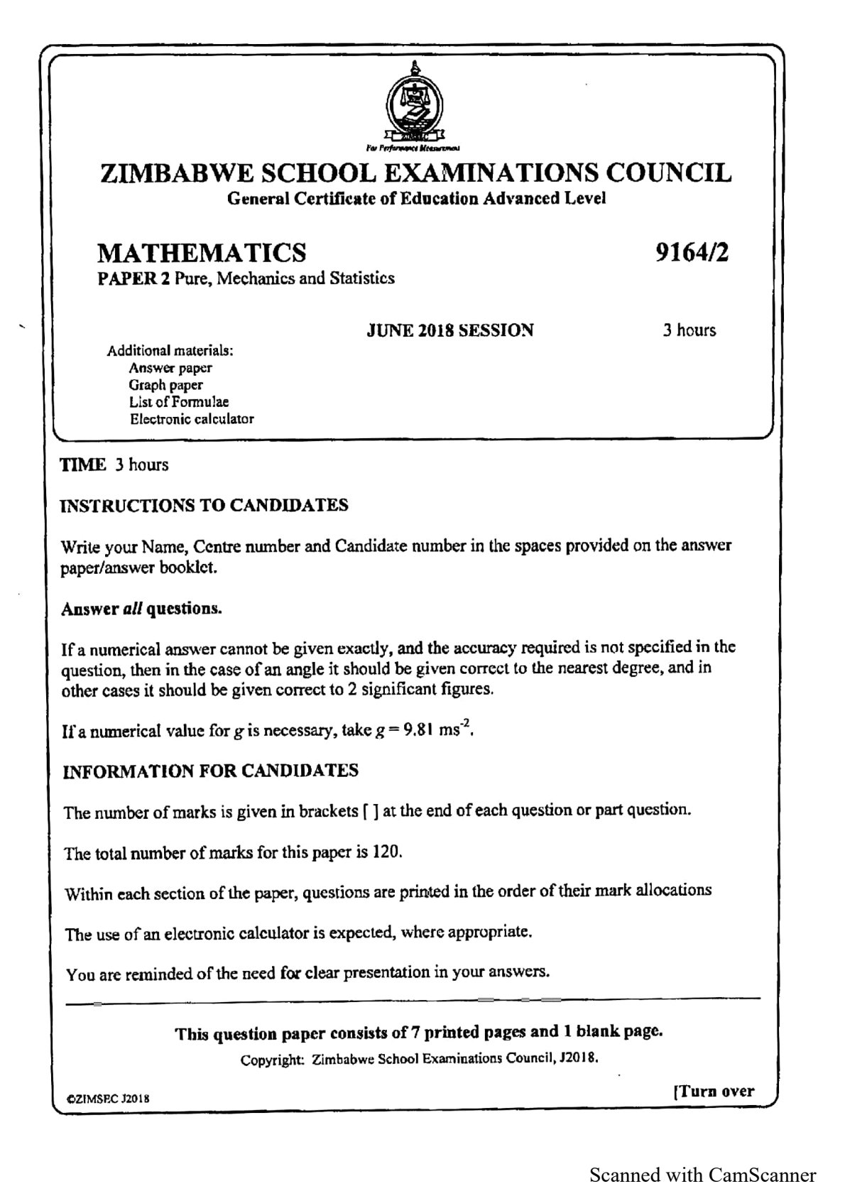 First page of ZIMSEC A-Level Mathematics Paper 2 June 2018 Question Paper