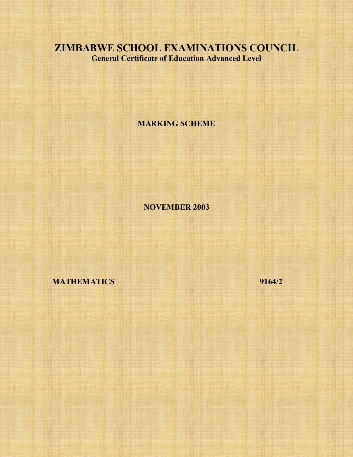 First page of ZIMSEC A-Level Mathematics Paper 2 November 2003 Marking Scheme
