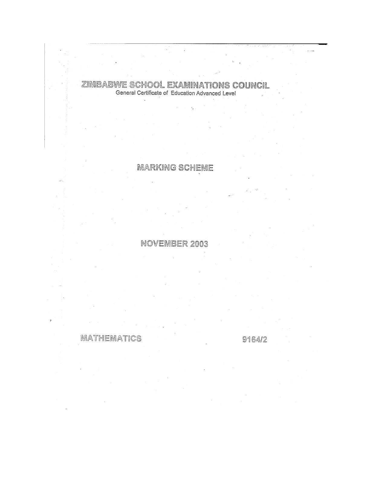 First page of ZIMSEC A-Level Mathematics Paper 2 November 2003 Marking Scheme