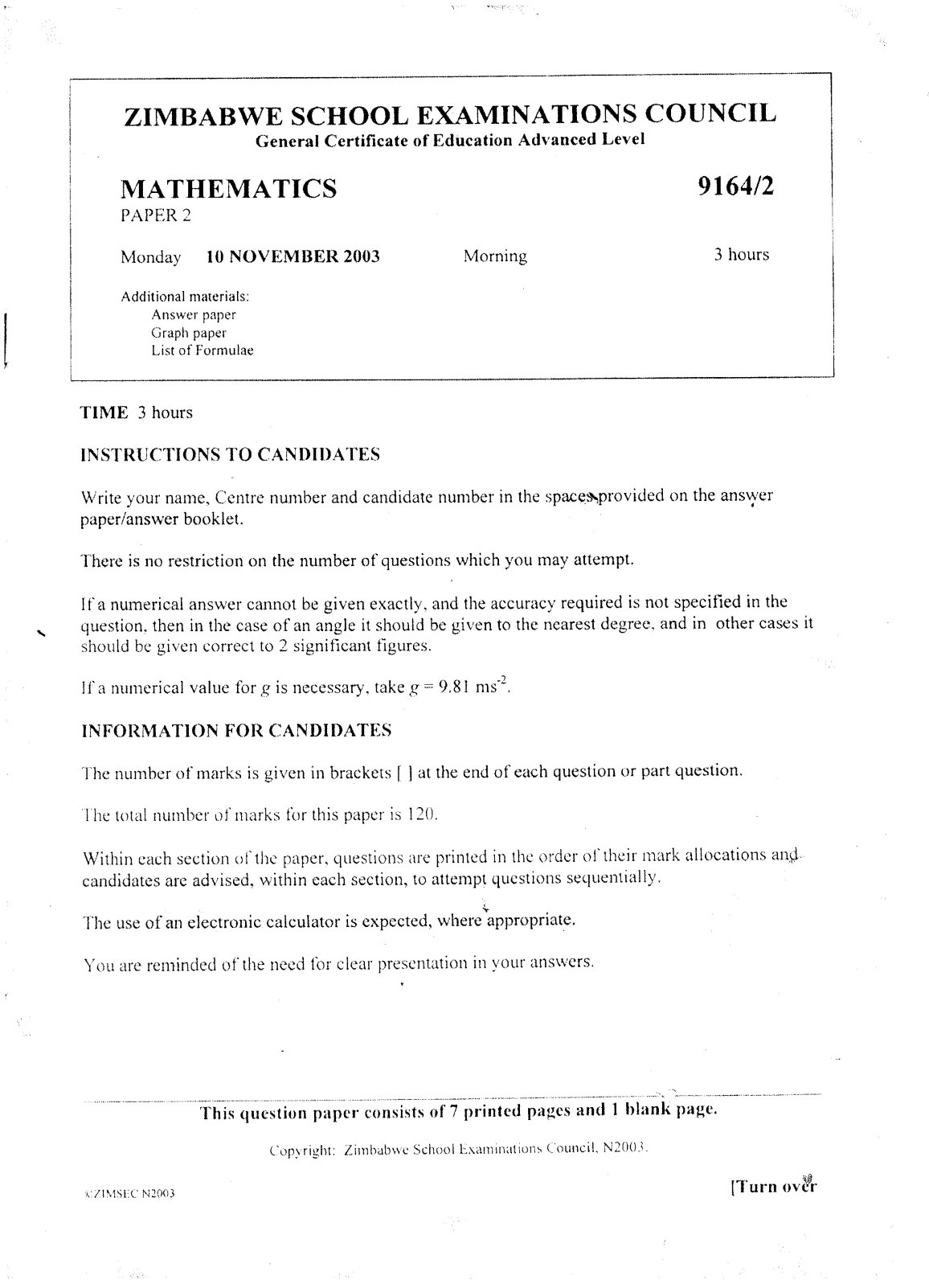 First page of ZIMSEC A-Level Mathematics Paper 2 November 2003 Question Paper