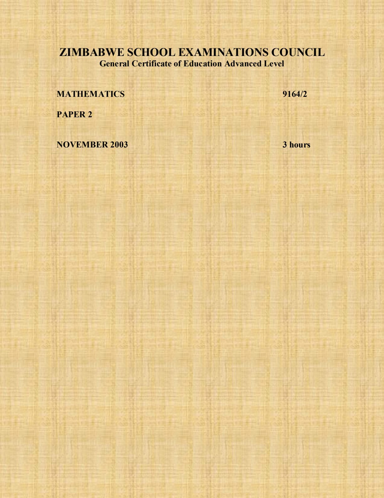 First page of ZIMSEC A-Level Mathematics Paper 2 November 2003 Question Paper