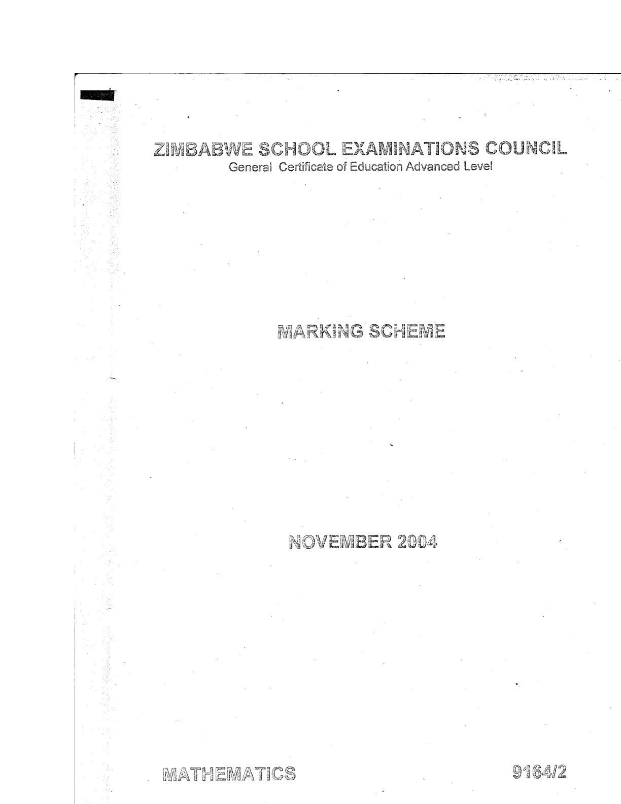 First page of ZIMSEC A-Level Mathematics Paper 2 November 2004 Marking Scheme