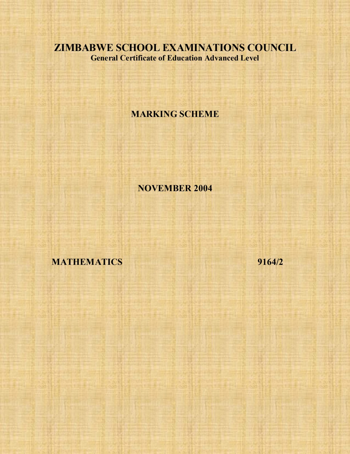 First page of ZIMSEC A-Level Mathematics Paper 2 November 2004 Marking Scheme