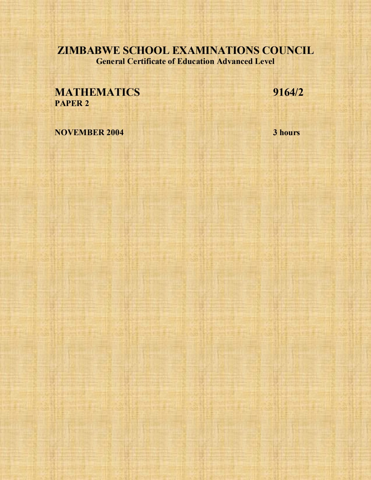 First page of ZIMSEC A-Level Mathematics Paper 2 November 2004 Question Paper