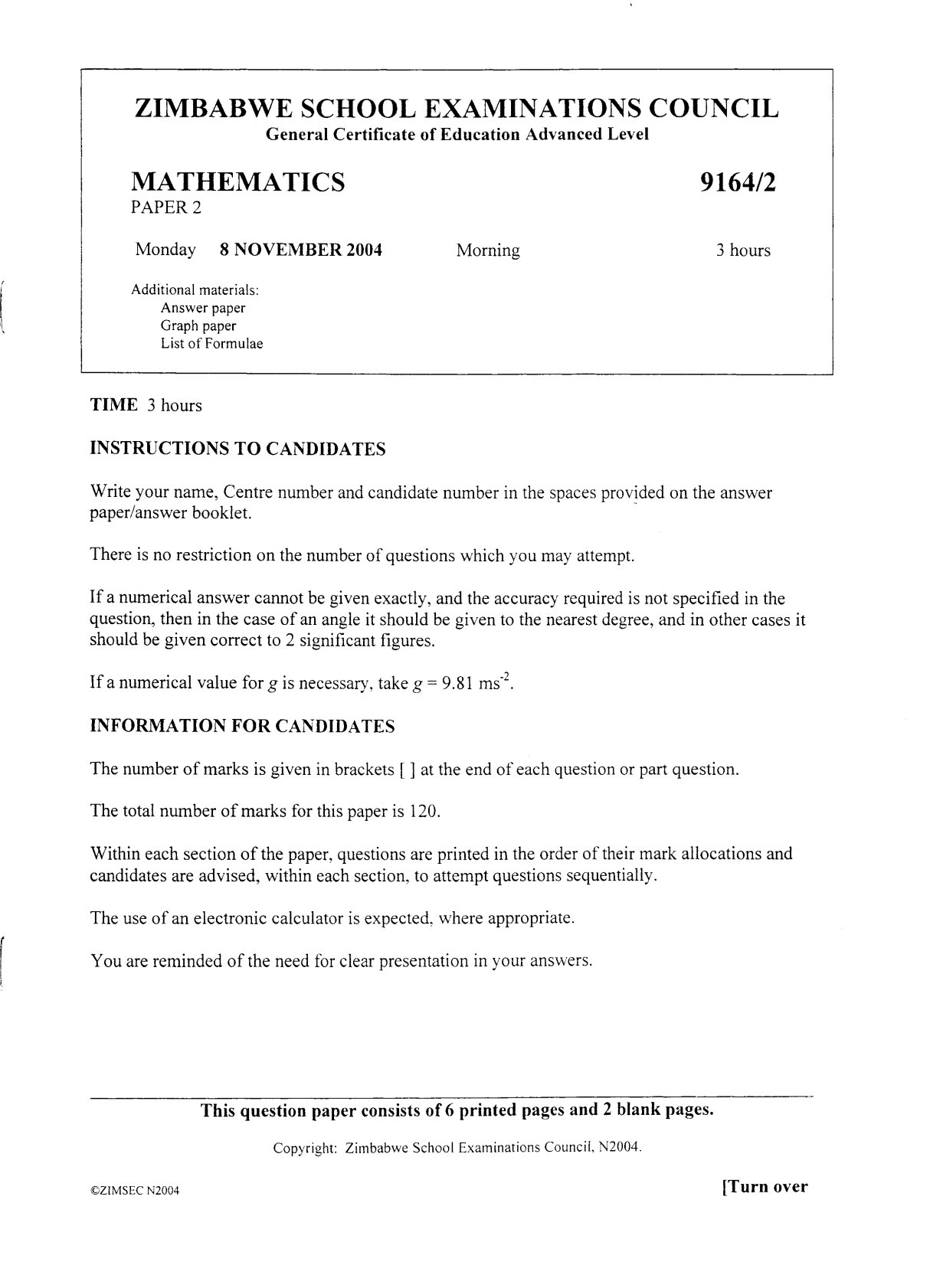 First page of ZIMSEC A-Level Mathematics Paper 2 November 2004 Question Paper