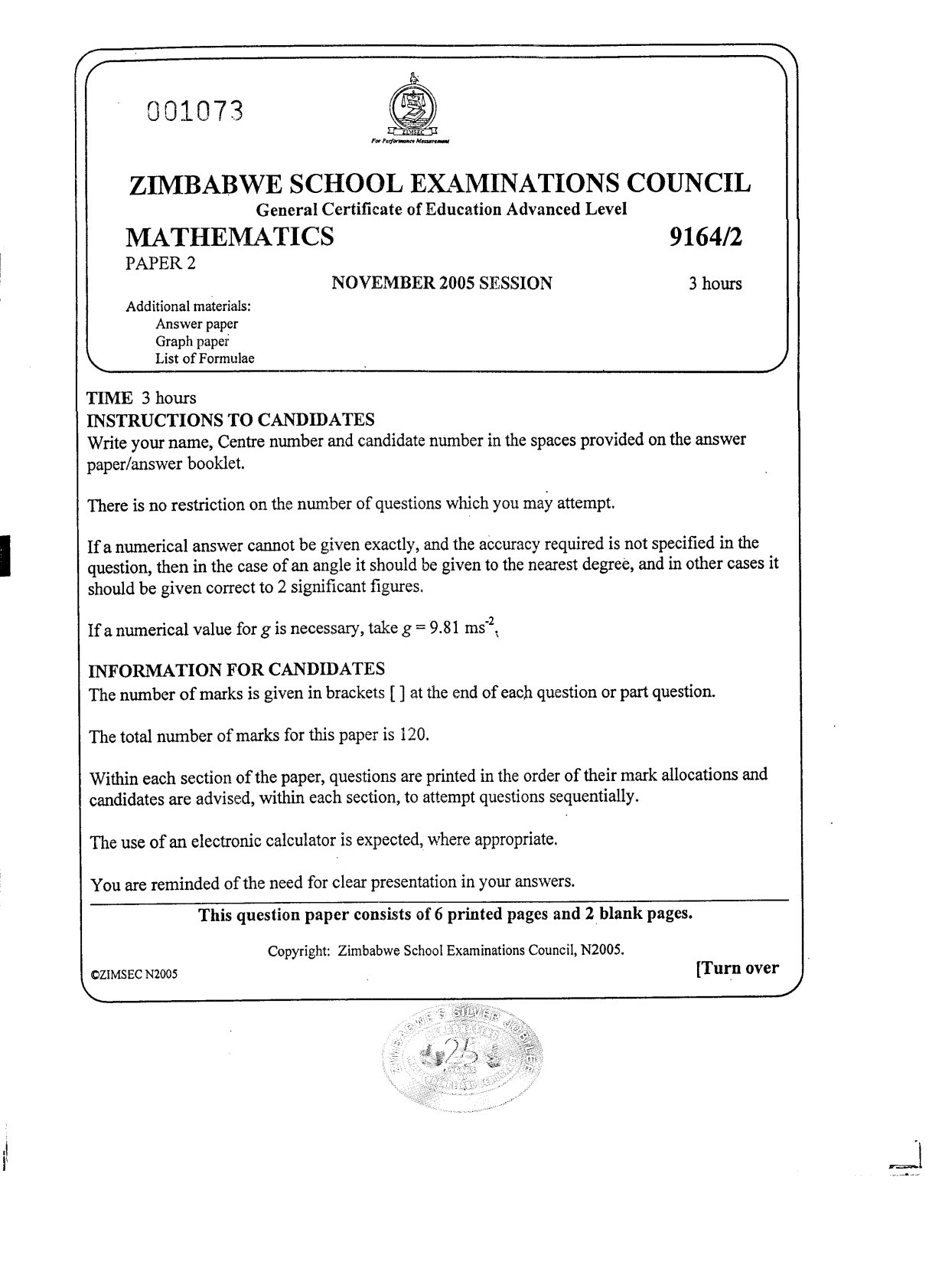 First page of ZIMSEC A-Level Mathematics Paper 2 November 2005 Question Paper