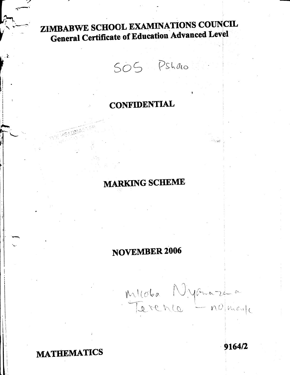First page of ZIMSEC A-Level Mathematics Paper 2 November 2006 Marking Scheme