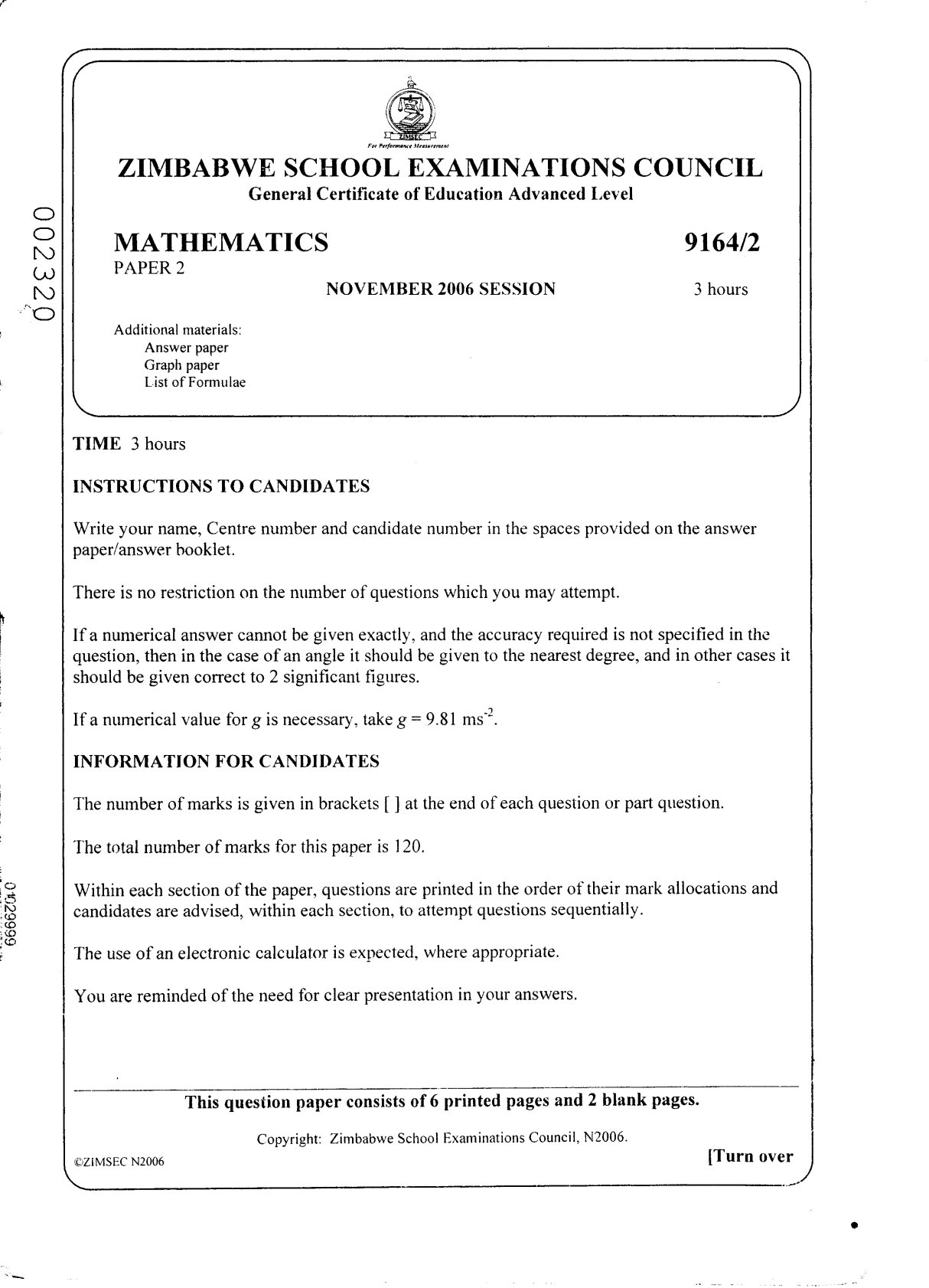First page of ZIMSEC A-Level Mathematics Paper 2 November 2006 Question Paper