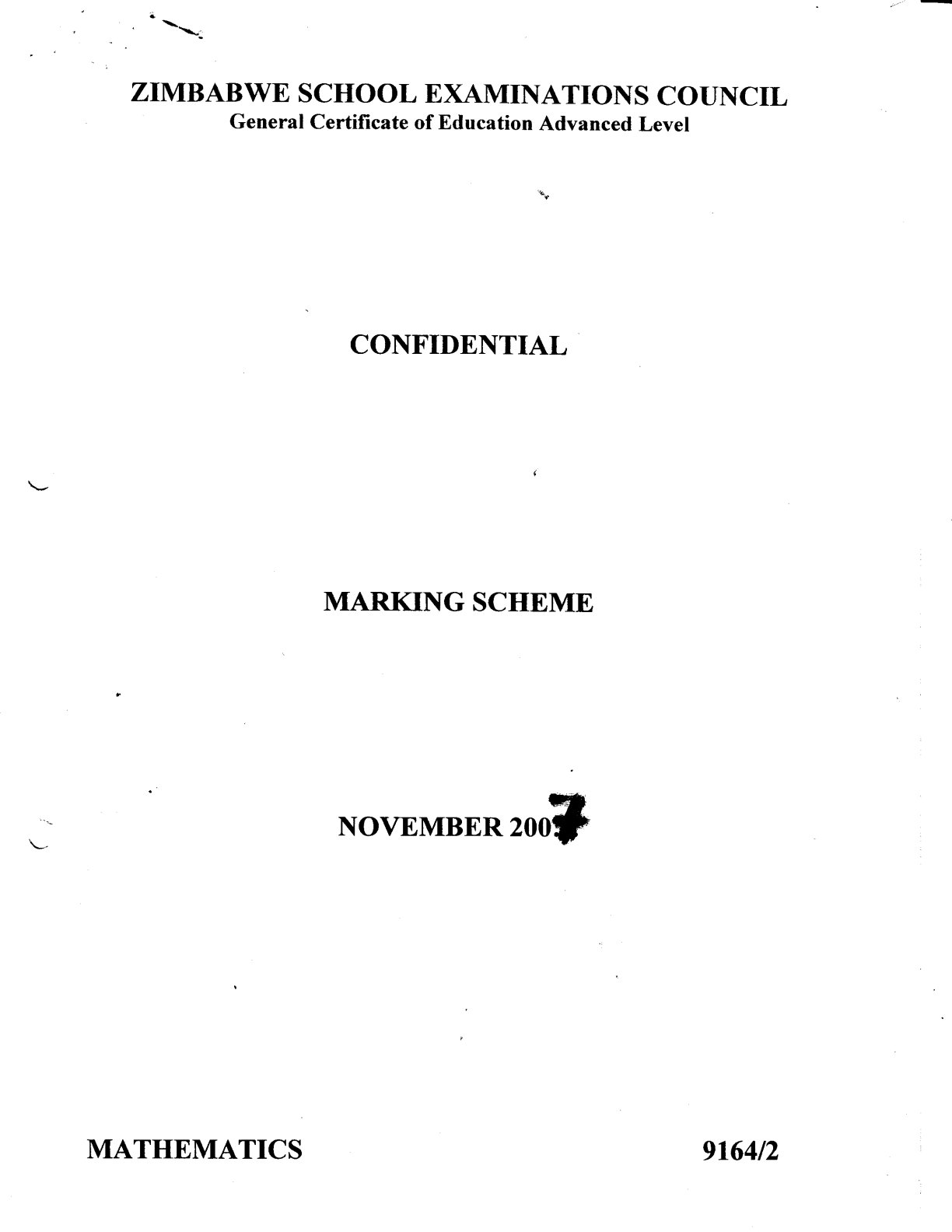 First page of ZIMSEC A-Level Mathematics Paper 2 November 2007 Marking Scheme