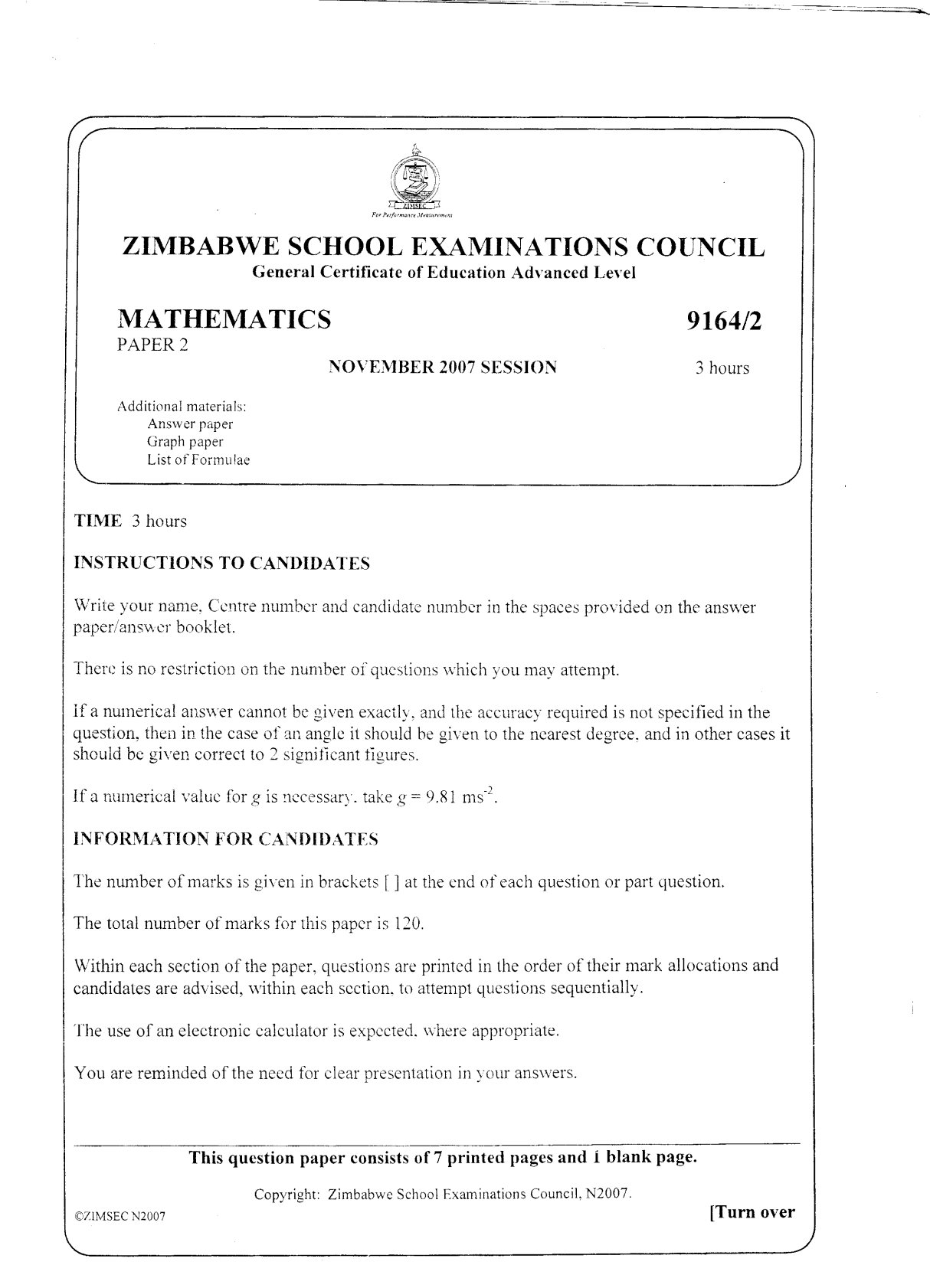 First page of ZIMSEC A-Level Mathematics Paper 2 November 2007 Question Paper