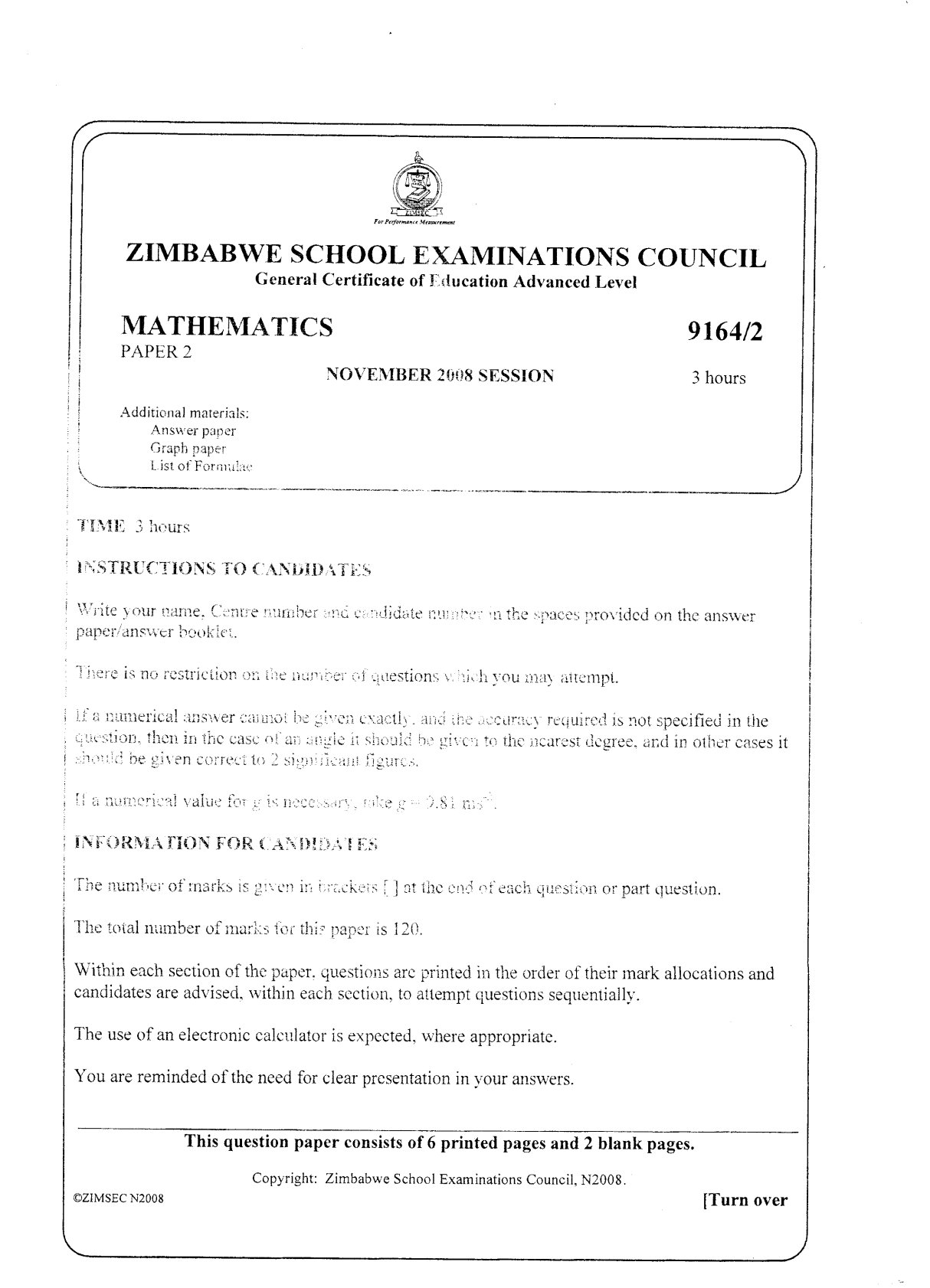 First page of ZIMSEC A-Level Mathematics Paper 2 November 2008 Question Paper