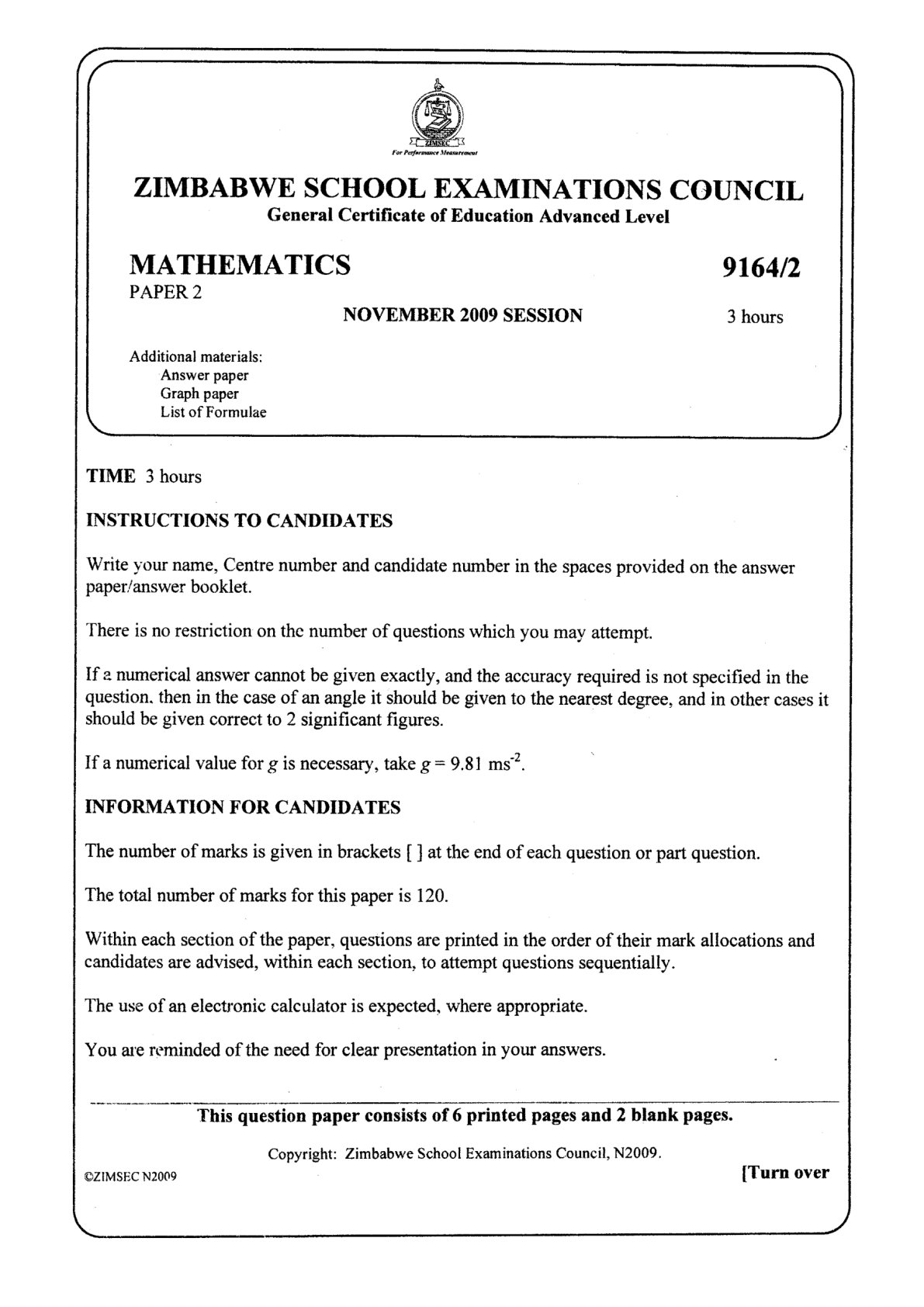 First page of ZIMSEC A-Level Mathematics Paper 2 November 2009 Marking Scheme