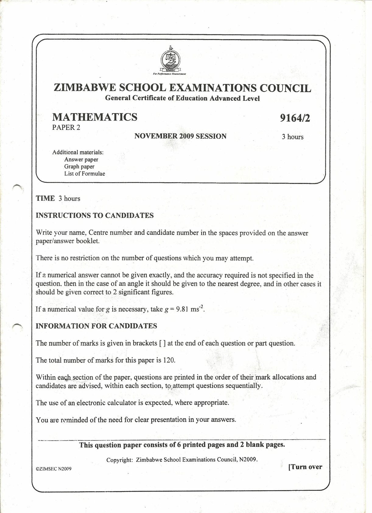 First page of ZIMSEC A-Level Mathematics Paper 2 November 2009 Question Paper