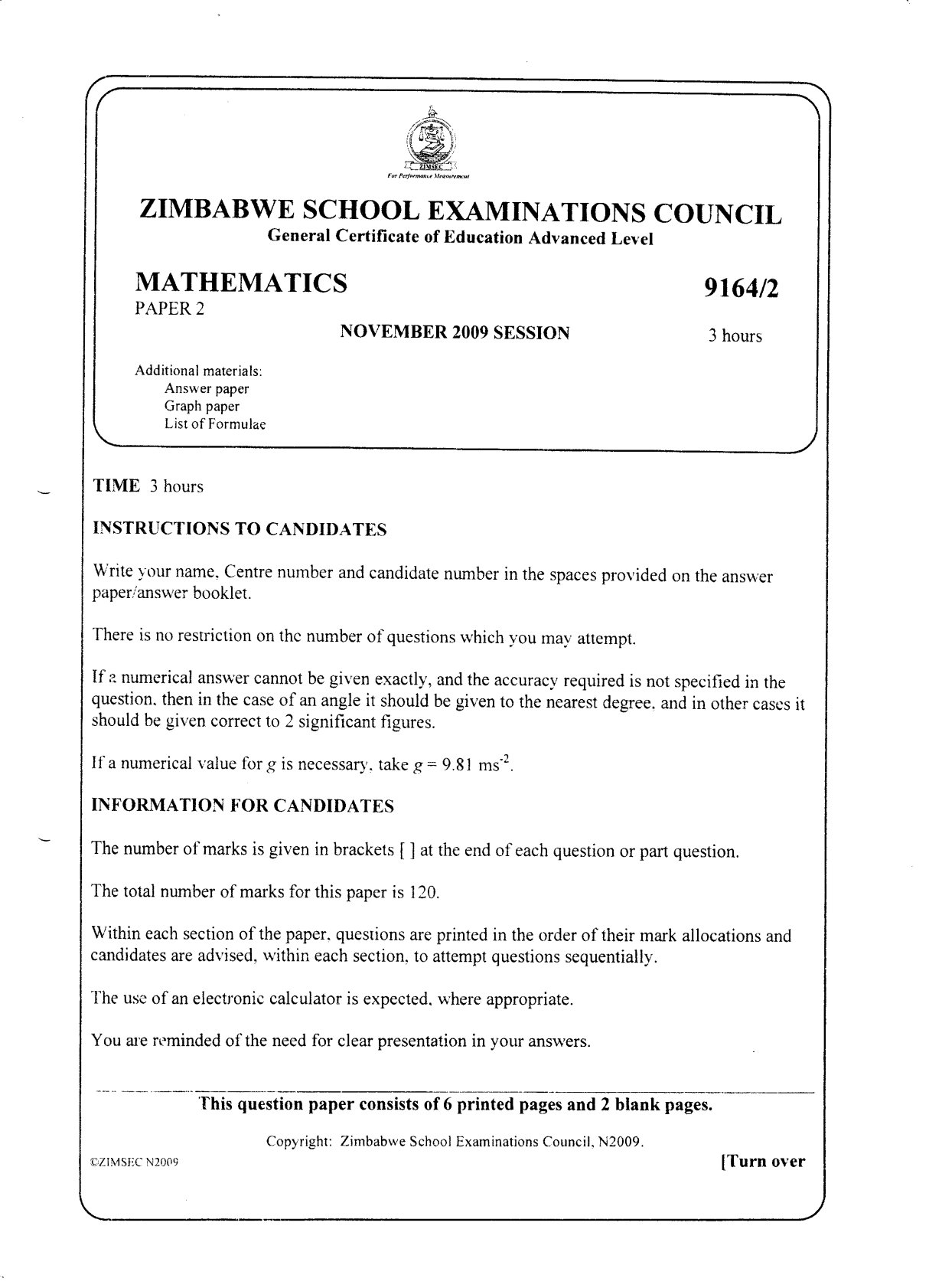 First page of ZIMSEC A-Level Mathematics Paper 2 November 2009 Question Paper