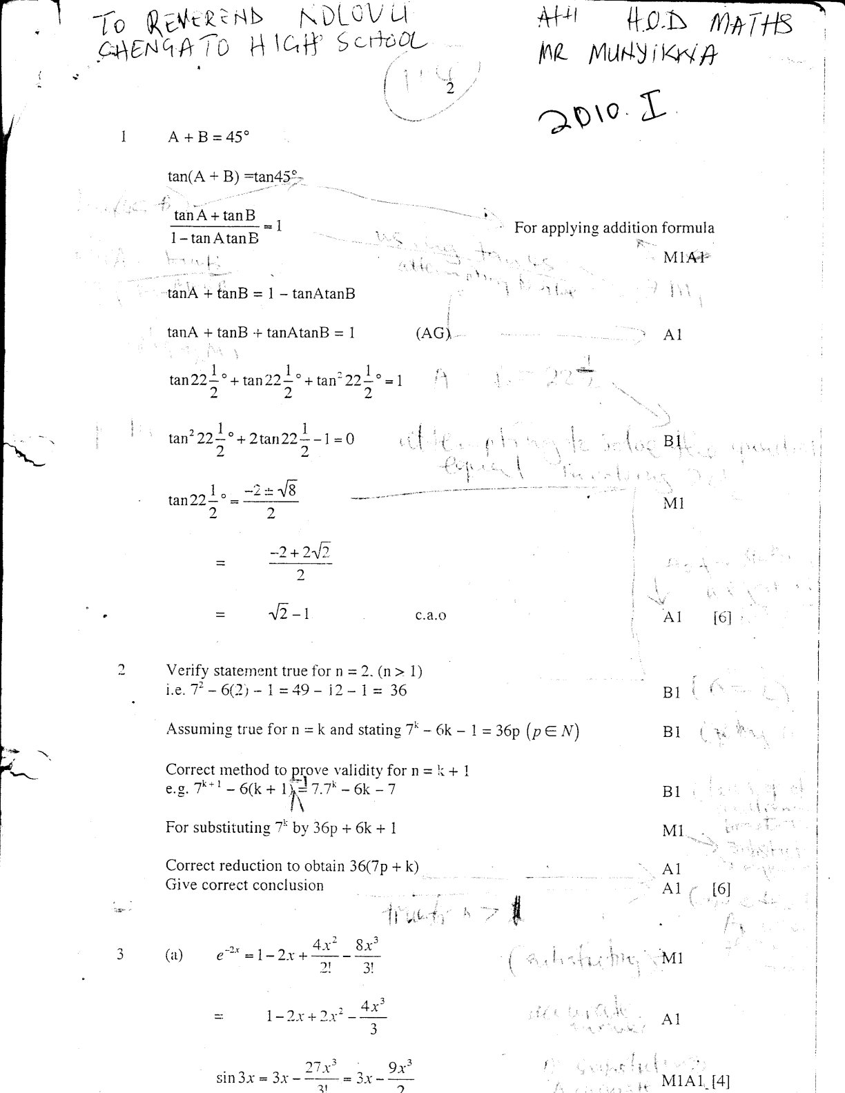 First page of ZIMSEC A-Level Mathematics Paper 2 November 2010 Marking Scheme
