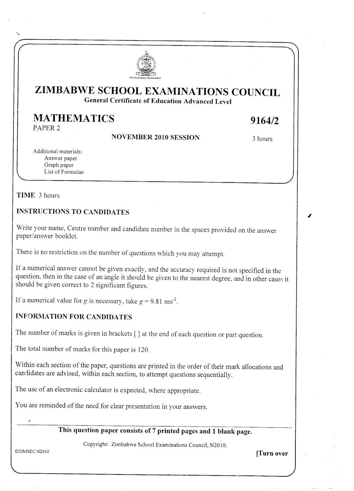 First page of ZIMSEC A-Level Mathematics Paper 2 November 2010 Question Paper