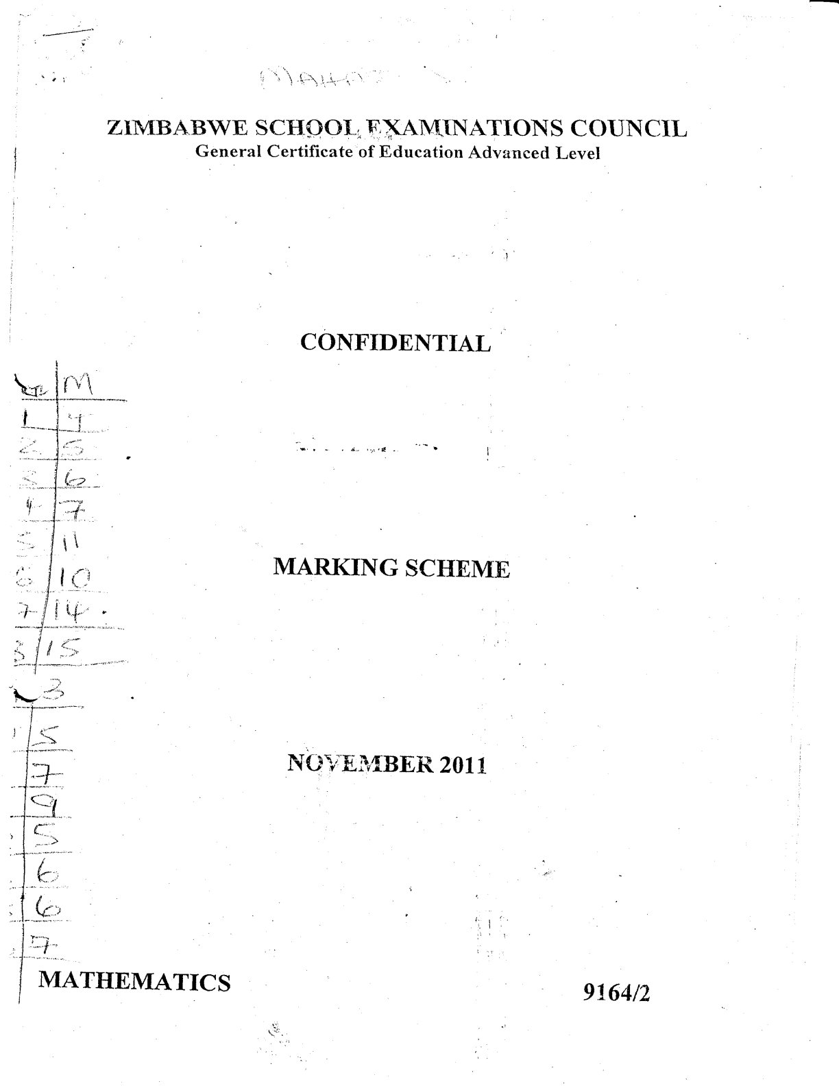 First page of ZIMSEC A-Level Mathematics Paper 2 November 2011 Marking Scheme