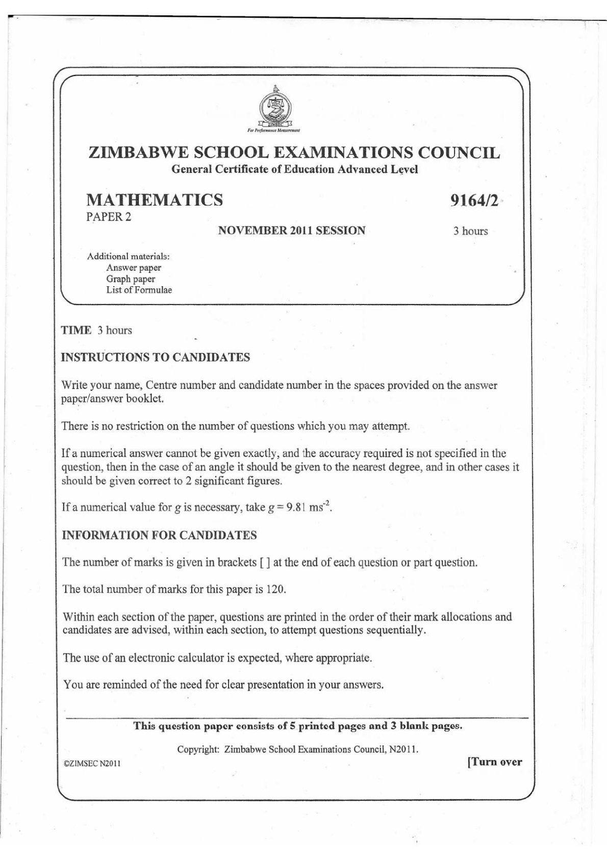 First page of ZIMSEC A-Level Mathematics Paper 2 November 2011 Question Paper