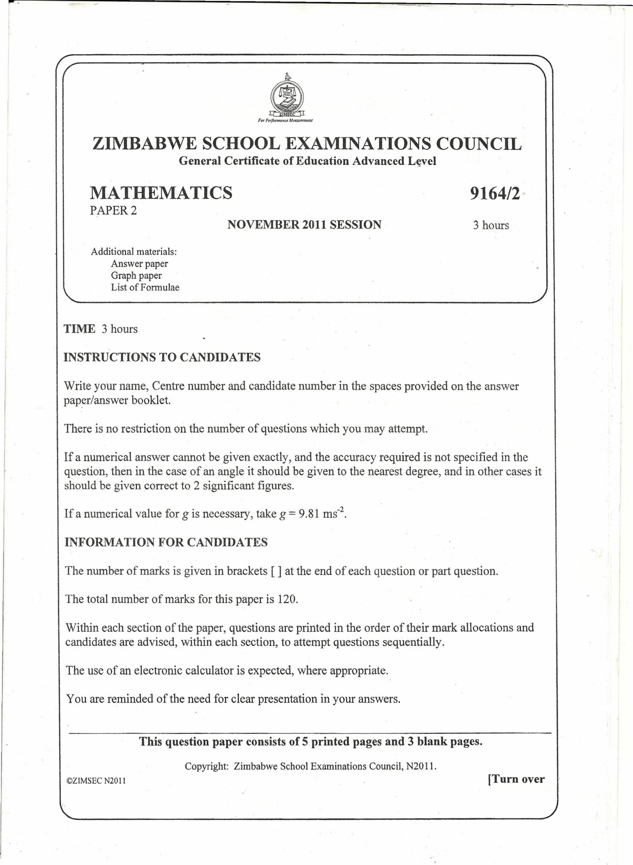 First page of ZIMSEC A-Level Mathematics Paper 2 November 2011 Question Paper