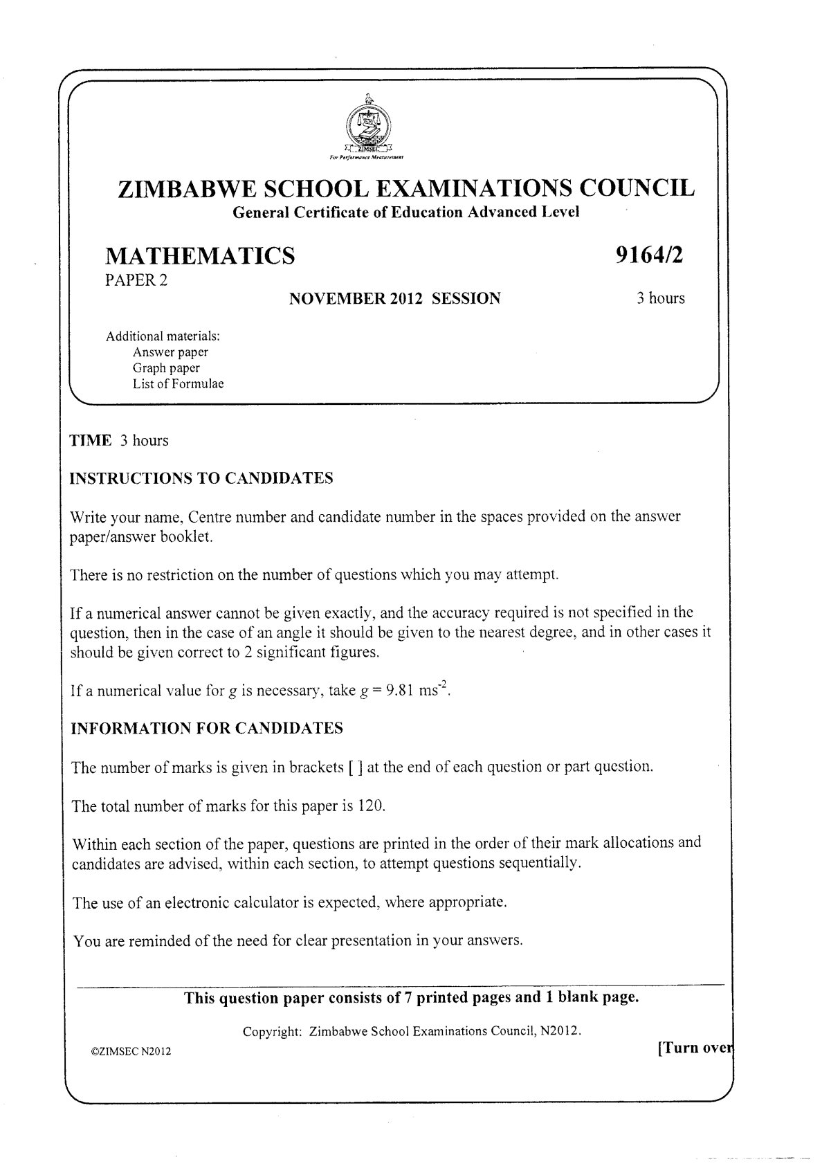 First page of ZIMSEC A-Level Mathematics Paper 2 November 2012 Question Paper