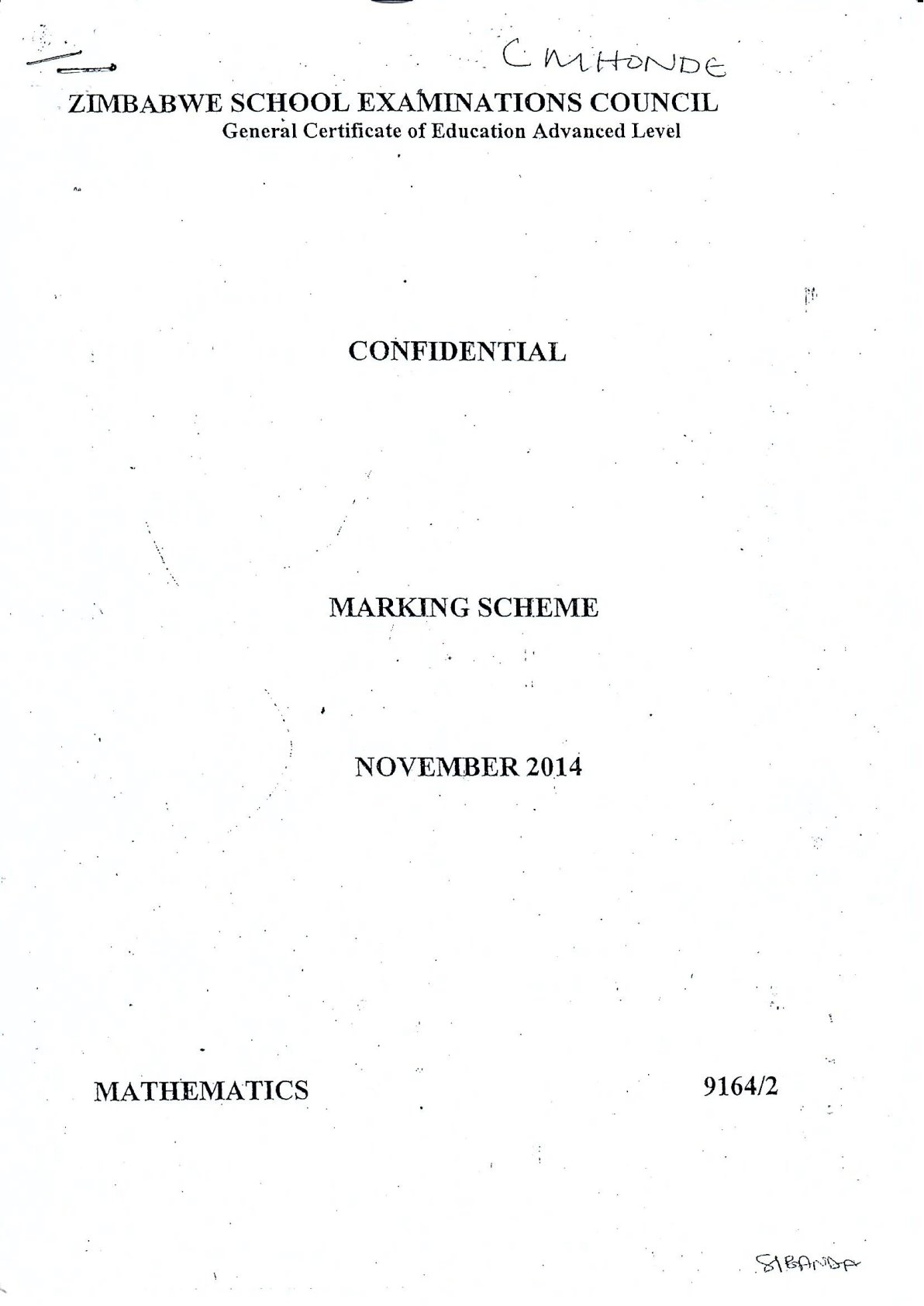 First page of ZIMSEC A-Level Mathematics Paper 2 November 2014 Marking Scheme