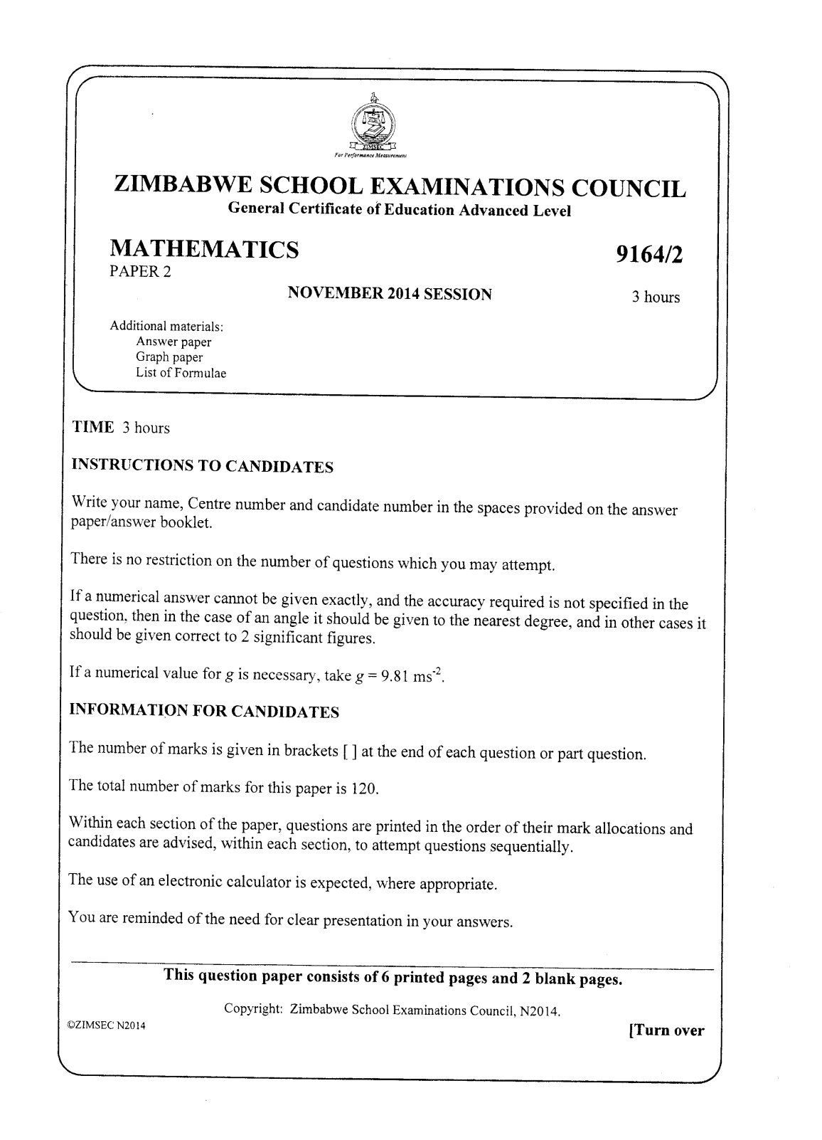 First page of ZIMSEC A-Level Mathematics Paper 2 November 2014 Question Paper