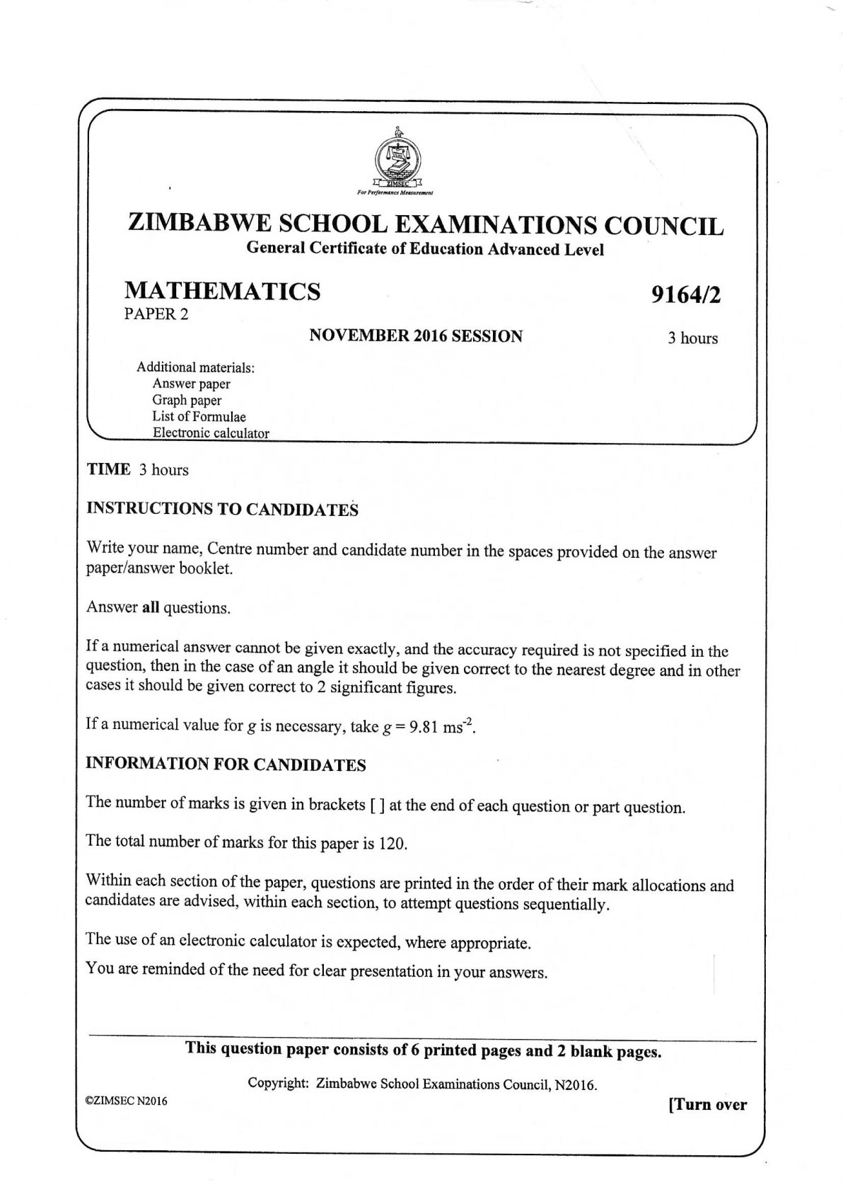First page of ZIMSEC A-Level Mathematics Paper 2 November 2016 Question Paper