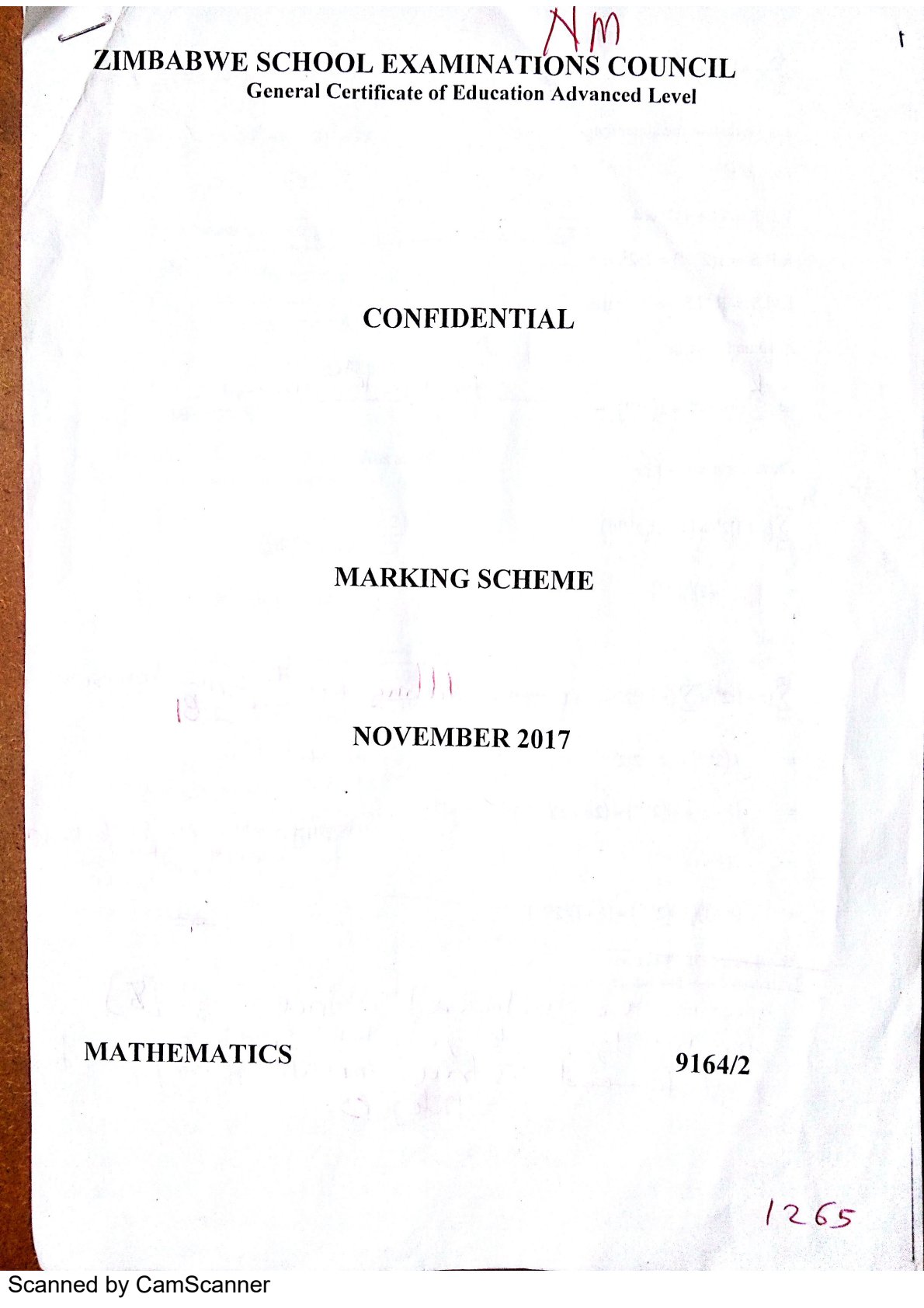 First page of ZIMSEC A-Level Mathematics Paper 2 November 2017 Marking Scheme
