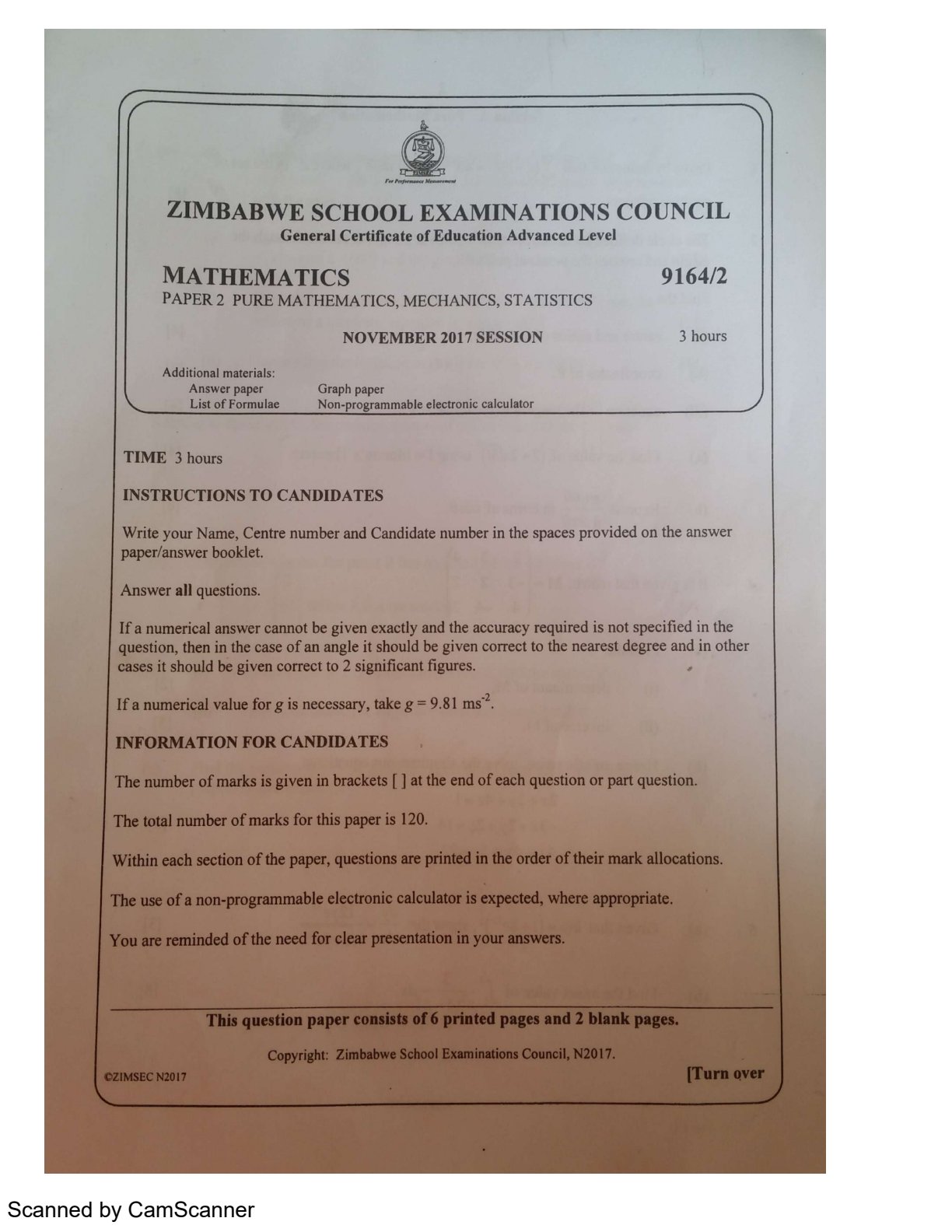 First page of ZIMSEC A-Level Mathematics Paper 2 November 2017 Question Paper