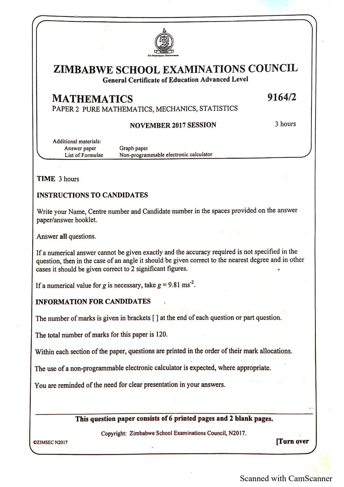 First page of ZIMSEC A-Level Mathematics Paper 2 November 2017 Question Paper