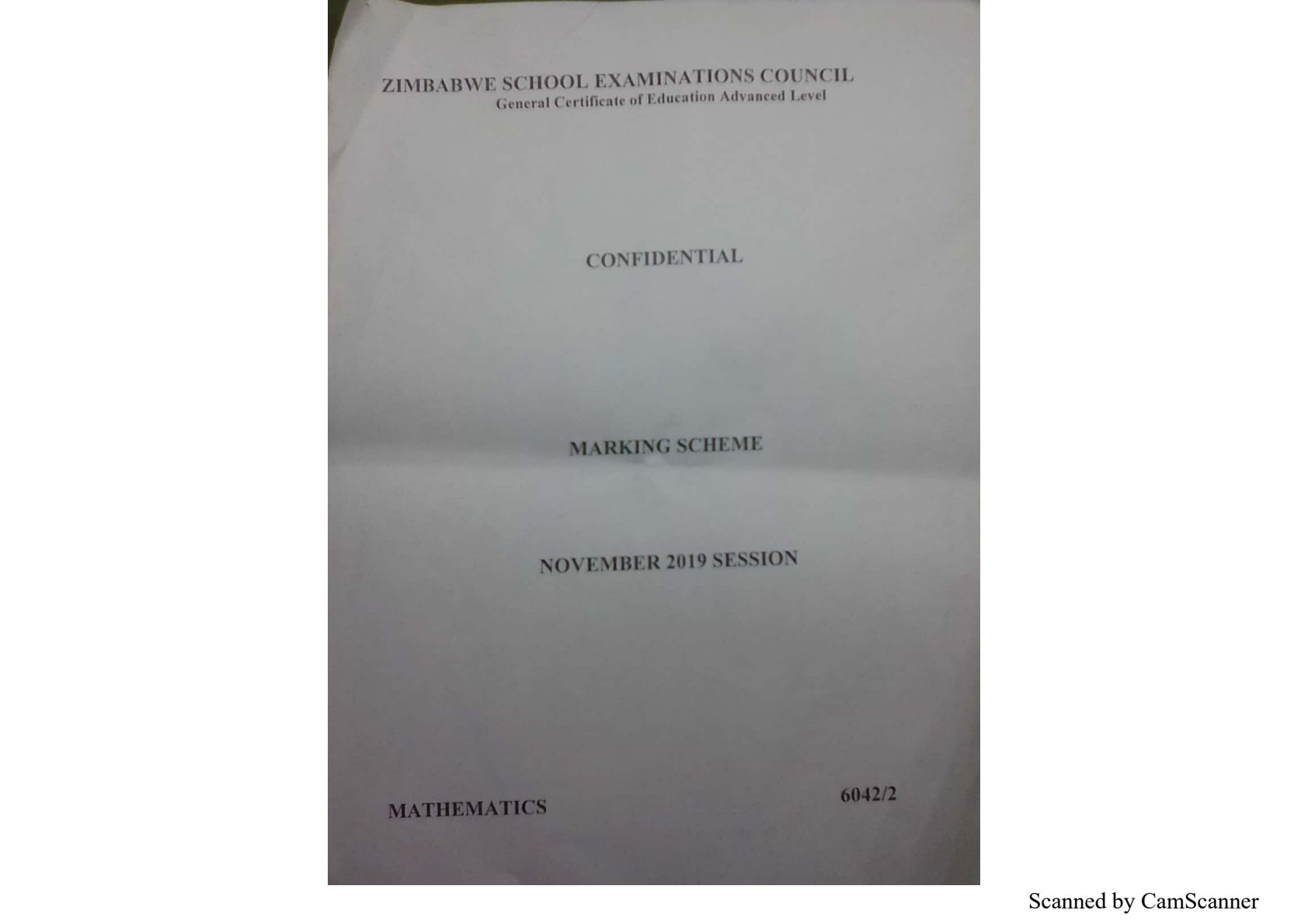First page of ZIMSEC A-Level Mathematics Paper 2 November 2019 Marking Scheme