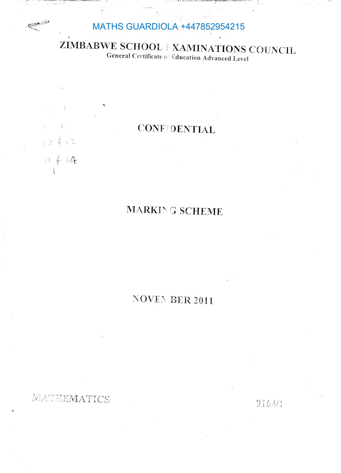 First page of ZIMSEC A-Level Mathematics Paper 3 November 2011 Marking Scheme