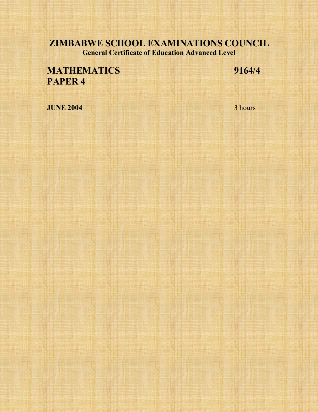 First page of ZIMSEC A-Level Mathematics Paper 4 June 2004 Question Paper