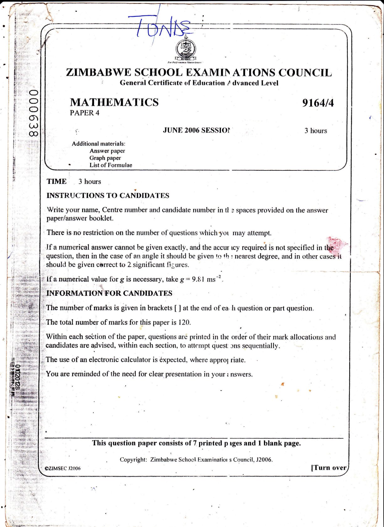 First page of ZIMSEC A-Level Mathematics Paper 4 June 2006 Question Paper