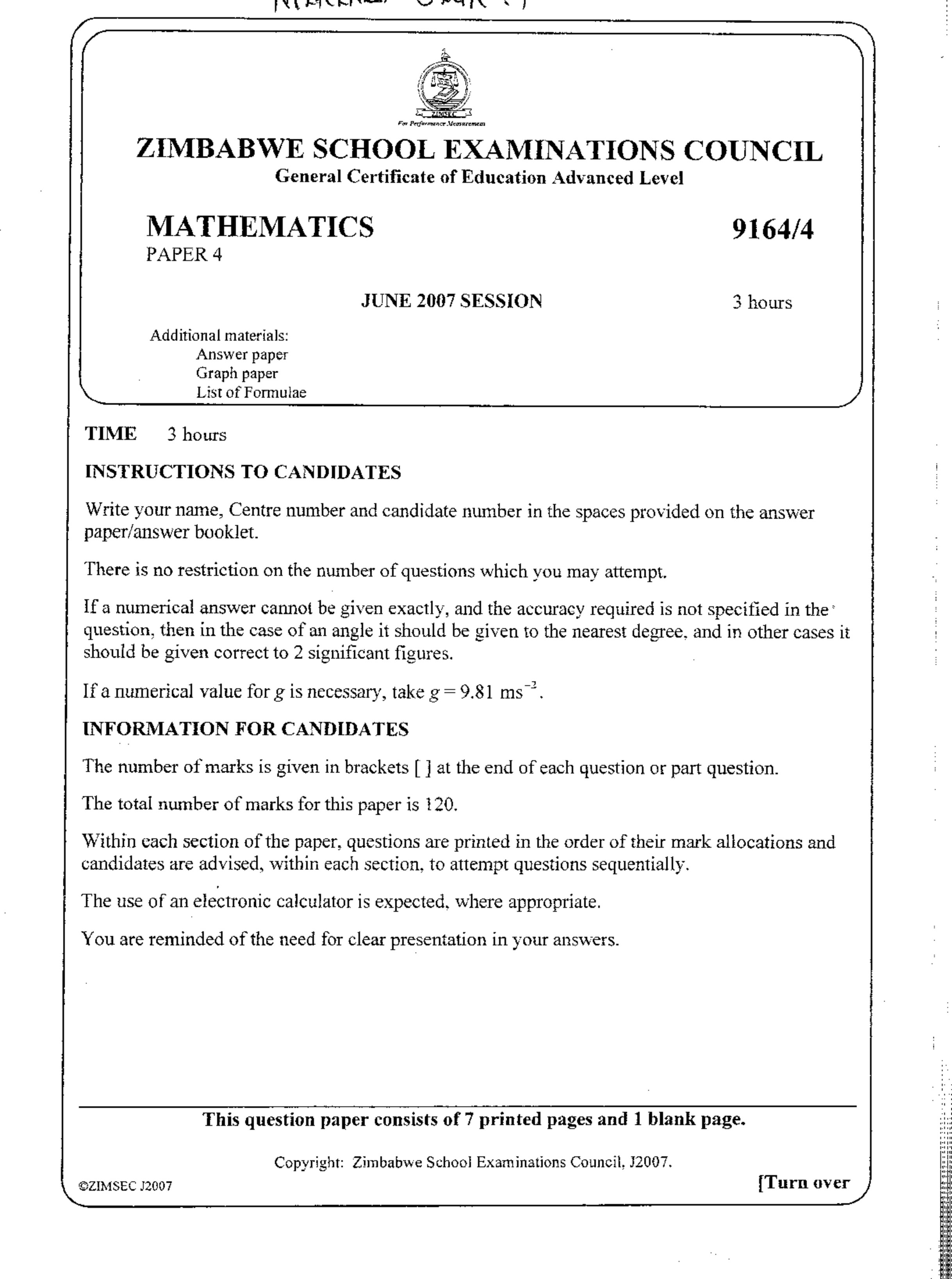 First page of ZIMSEC A-Level Mathematics Paper 4 June 2007 Question Paper