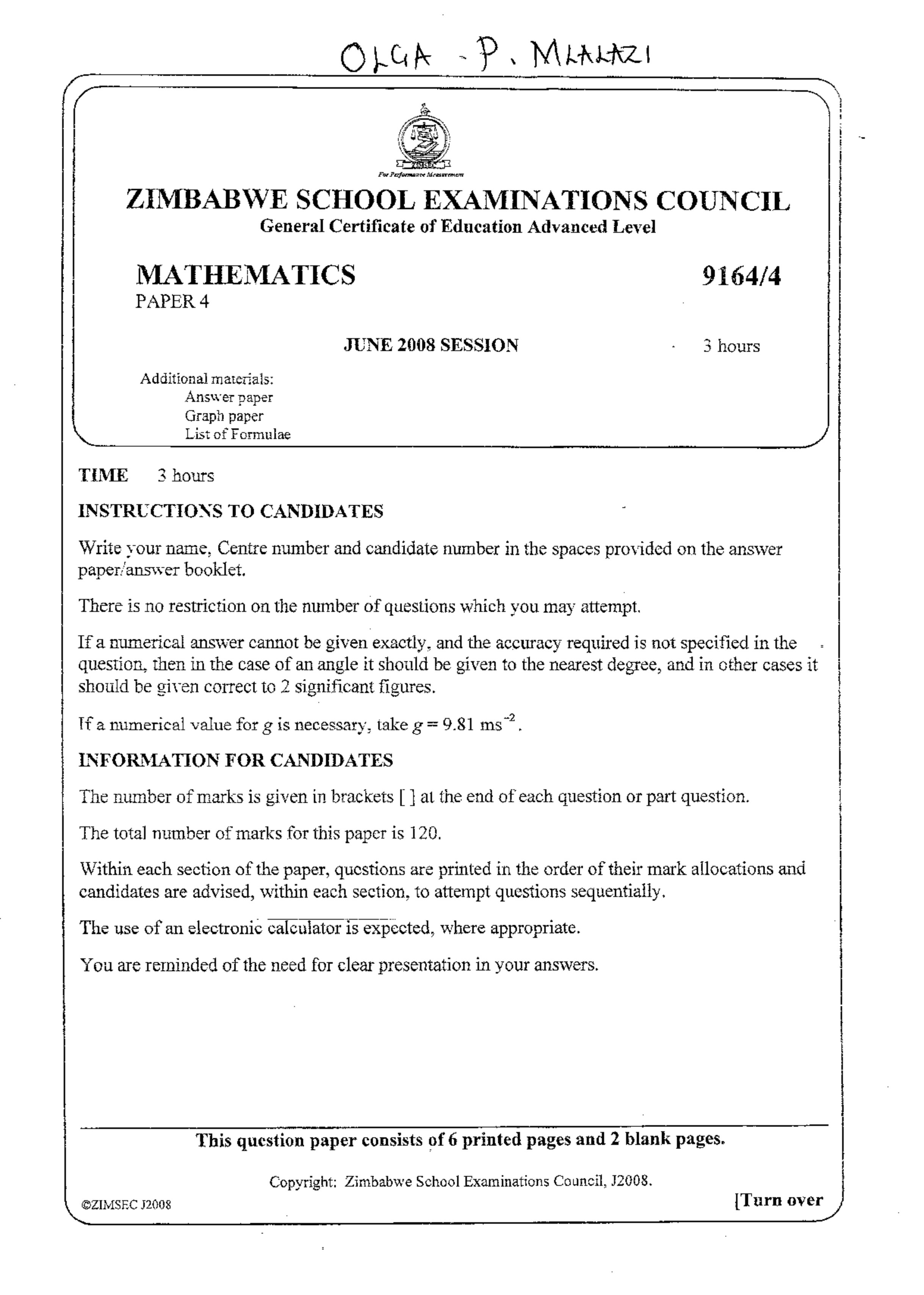 First page of ZIMSEC A-Level Mathematics Paper 4 June 2008 Question Paper
