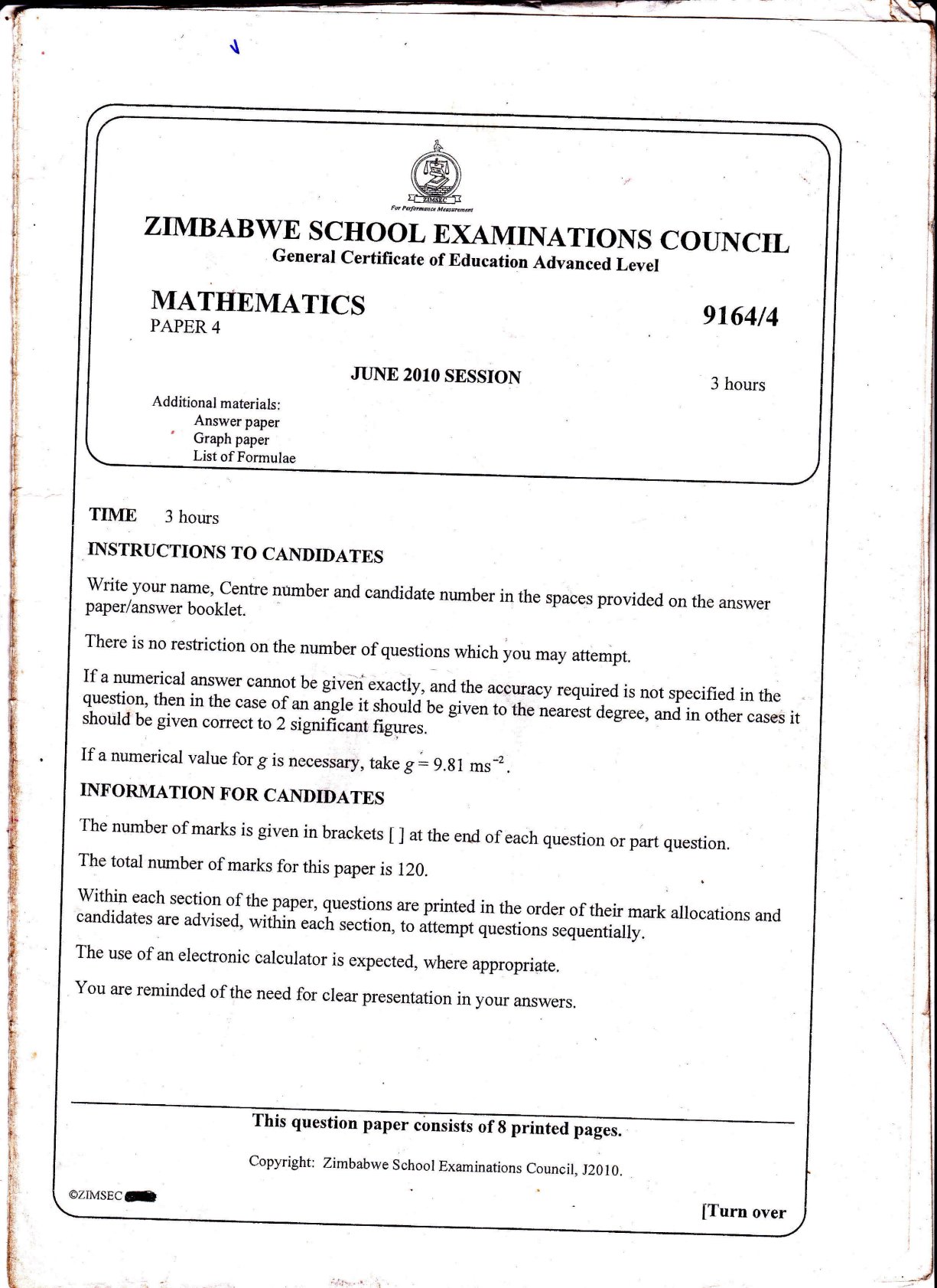 First page of ZIMSEC A-Level Mathematics Paper 4 June 2010 Question Paper