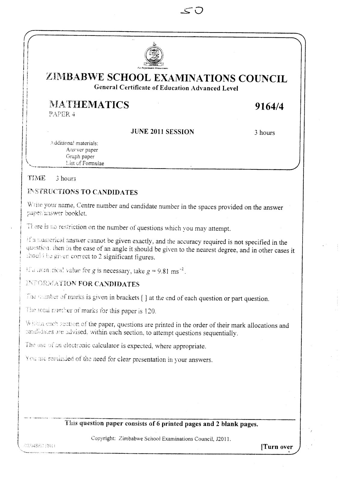 First page of ZIMSEC A-Level Mathematics Paper 4 June 2011 Question Paper