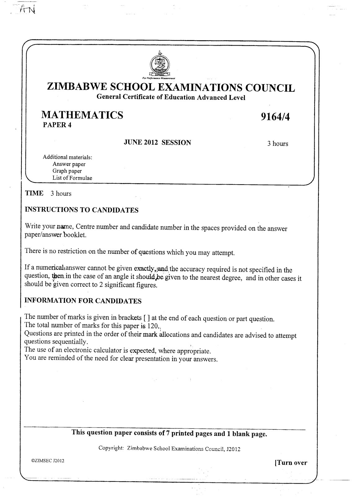 First page of ZIMSEC A-Level Mathematics Paper 4 June 2012 Question Paper