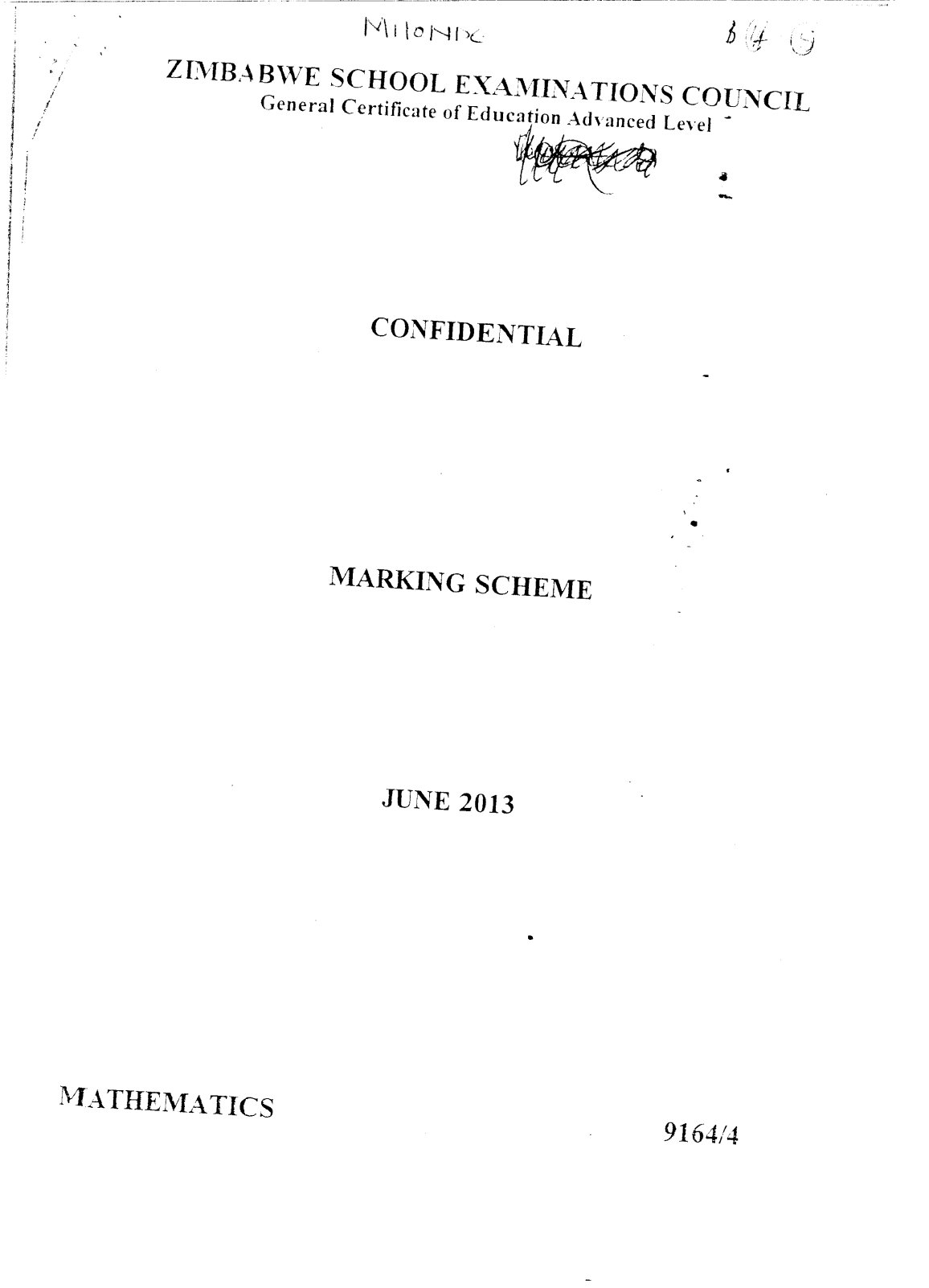 First page of ZIMSEC A-Level Mathematics Paper 4 June 2013 Marking Scheme