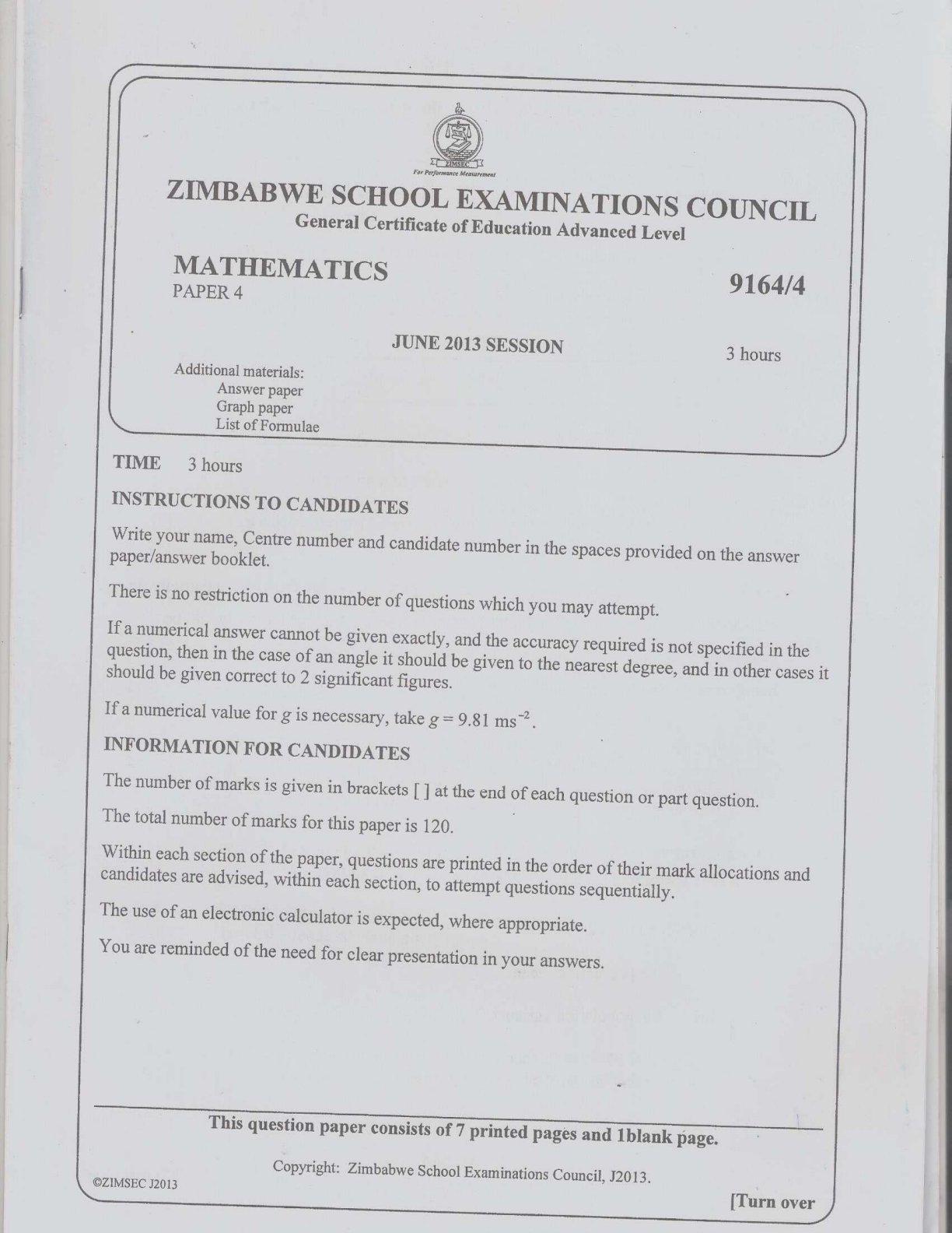 First page of ZIMSEC A-Level Mathematics Paper 4 June 2013 Question Paper